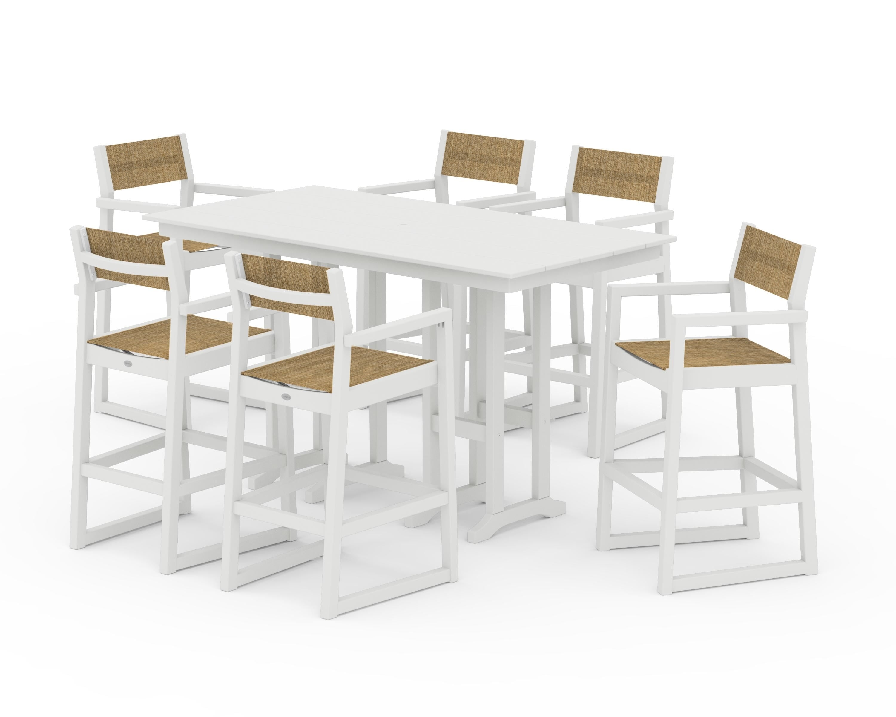 POLYWOOD EDGE Sling Arm Chair 7-Piece Farmhouse Bar Set in Vintage White / Burlap Sling
