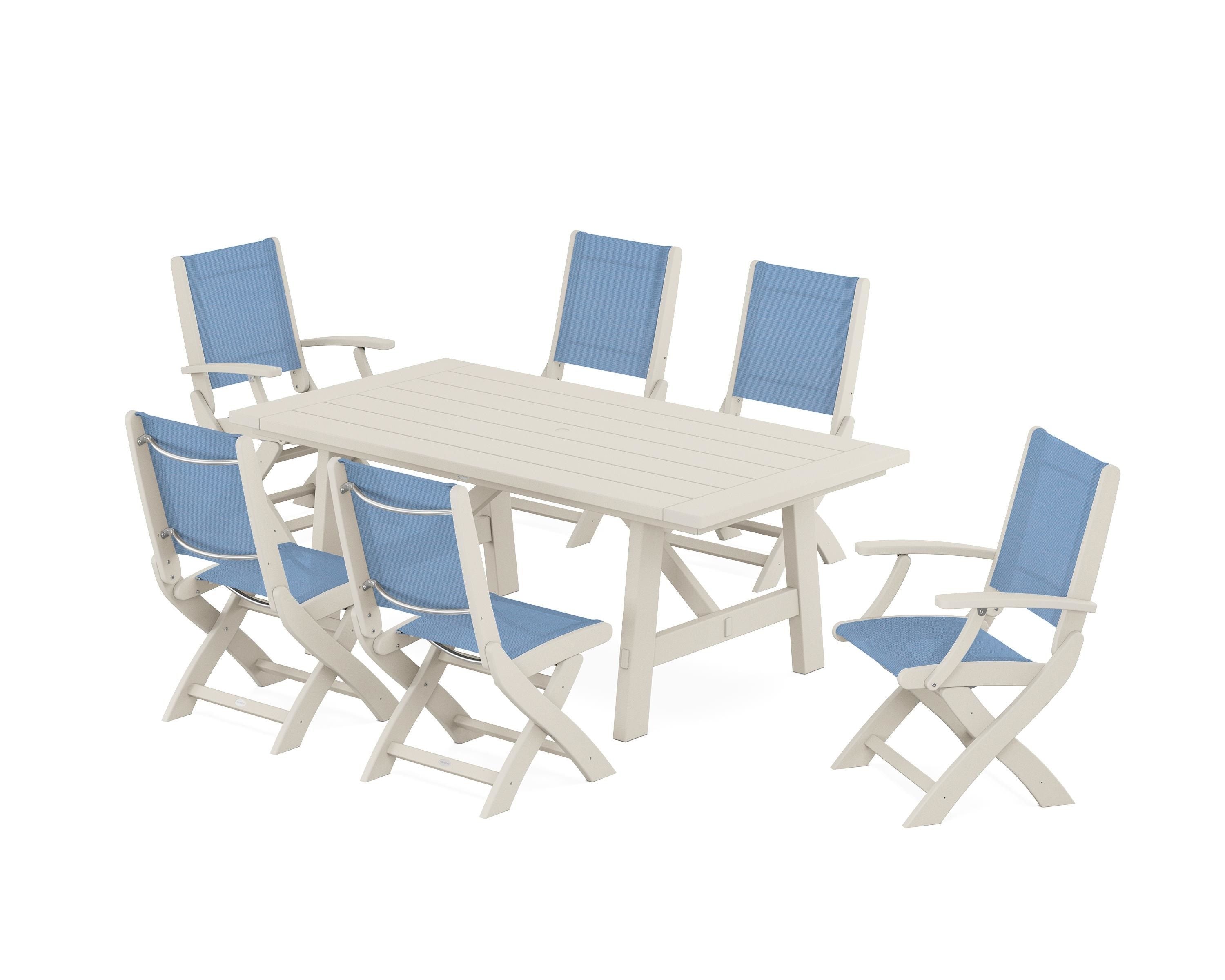 POLYWOOD Coastal Folding Chair 7-Piece Rustic Farmhouse Dining Set in Sand / Poolside Sling