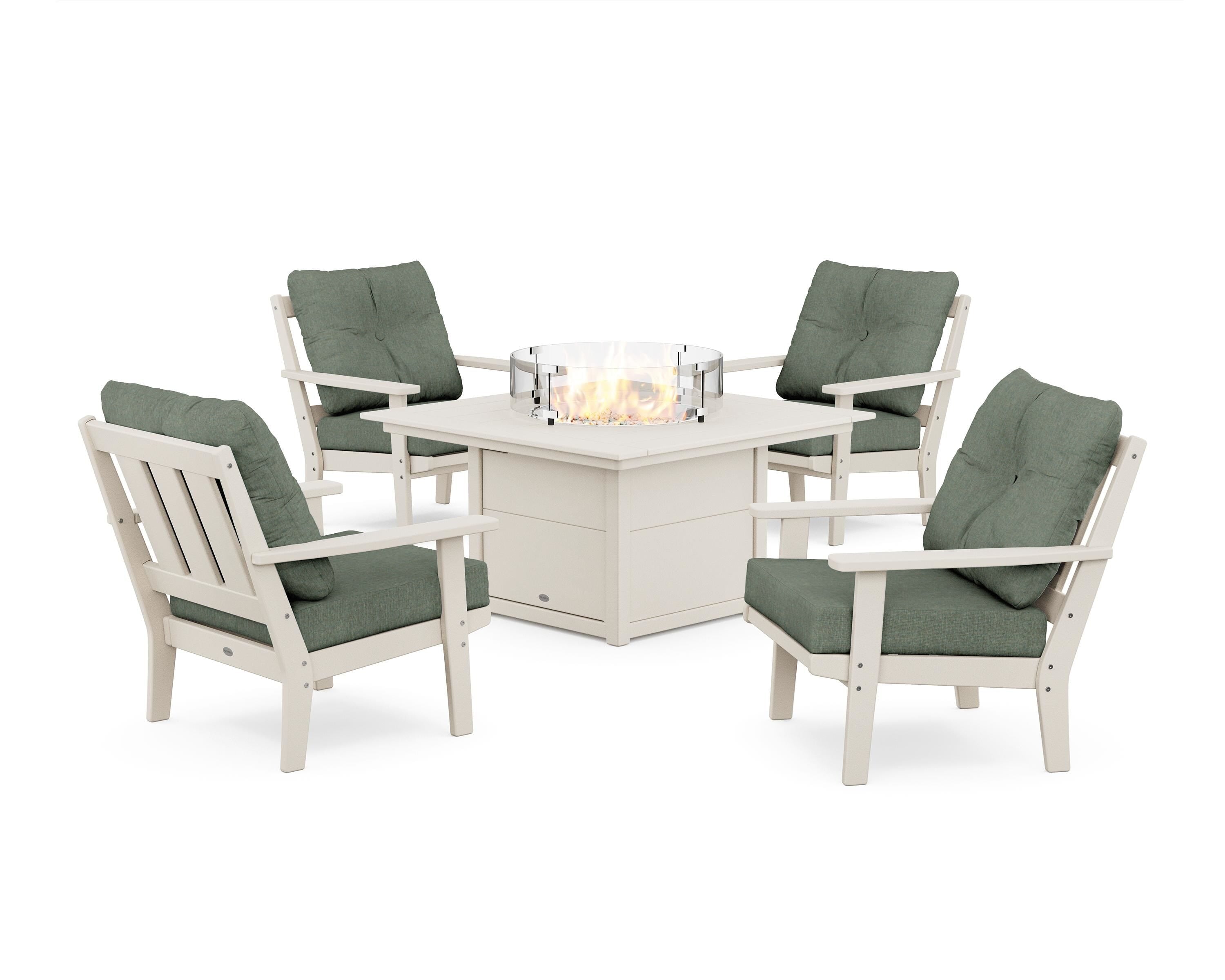 POLYWOOD Oxford 5-Piece Deep Seating Set with Fire Pit Table in Sand / Cast Sage