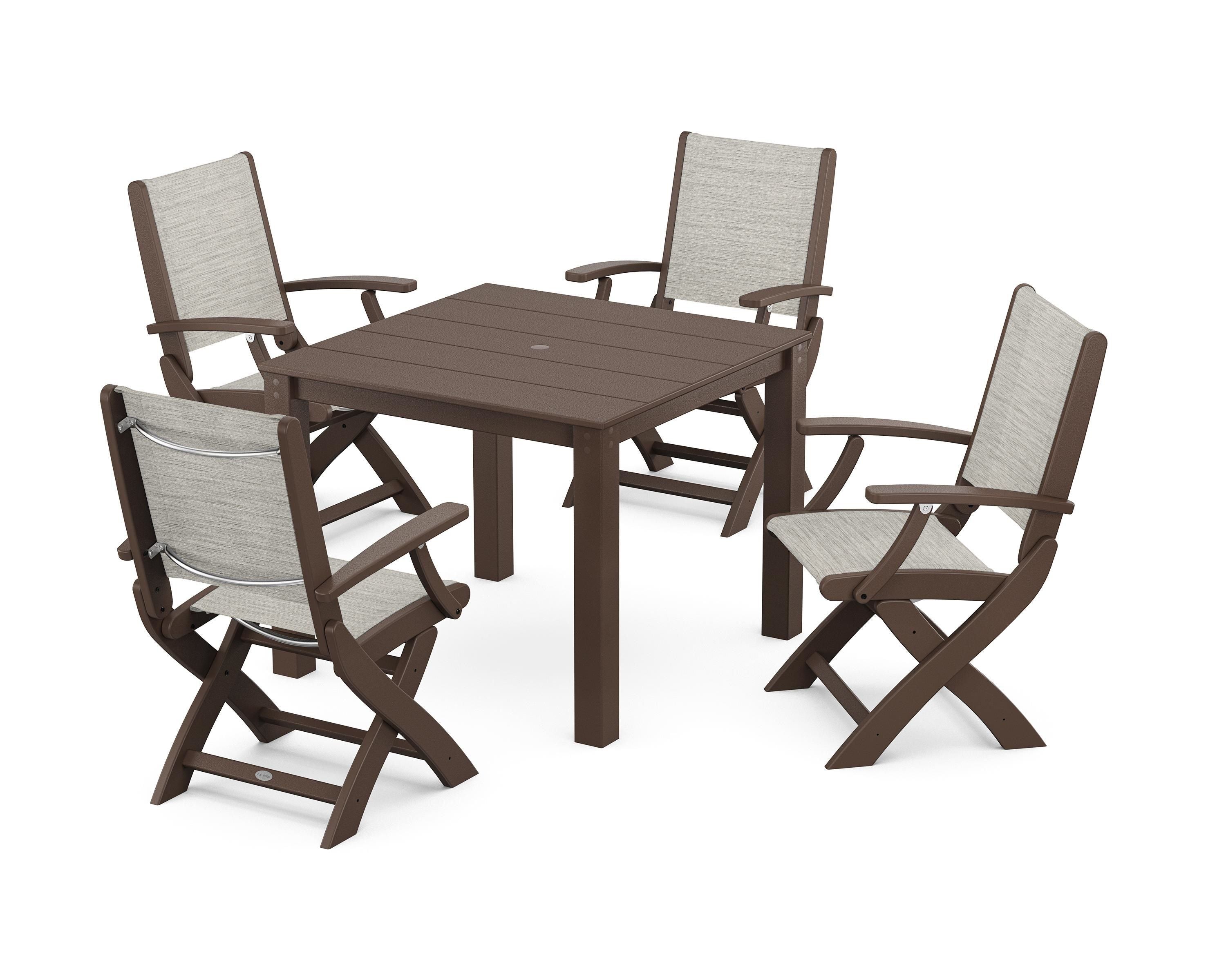 POLYWOOD Coastal Folding Chair 5-Piece Parsons Dining Set in Mahogany / Birch Sling