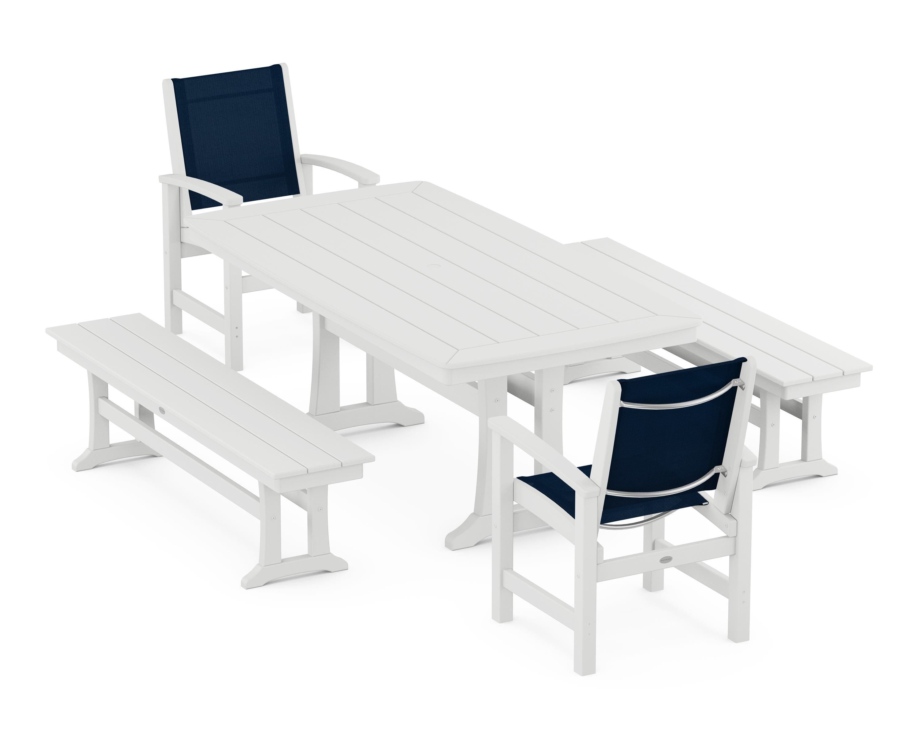 POLYWOOD Coastal 5-Piece Dining Set with Trestle Legs and Benches in White / Navy Blue Sling