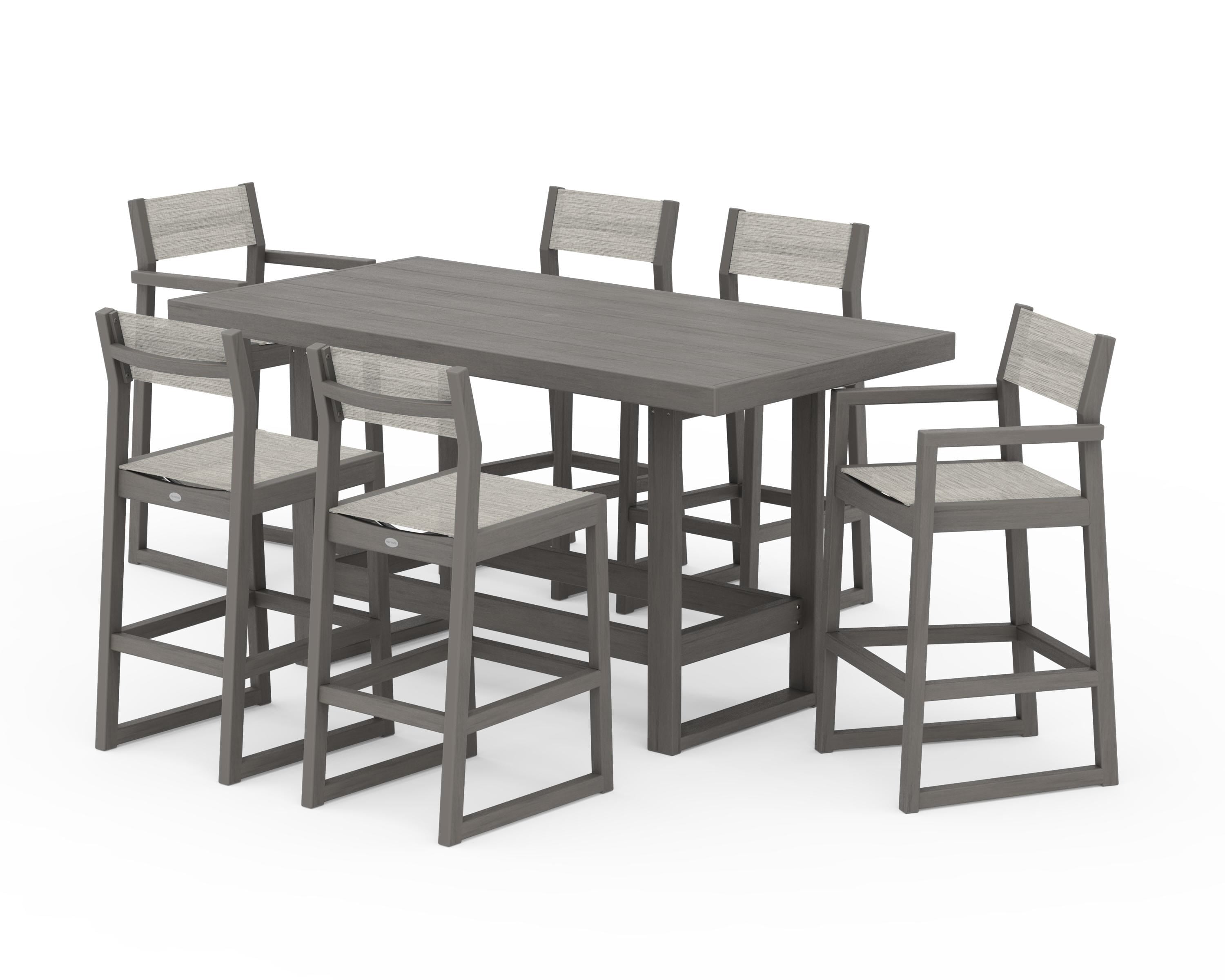 POLYWOOD EDGE Sling 7-Piece Bar Table Set in Driftwood / Birch Sling
