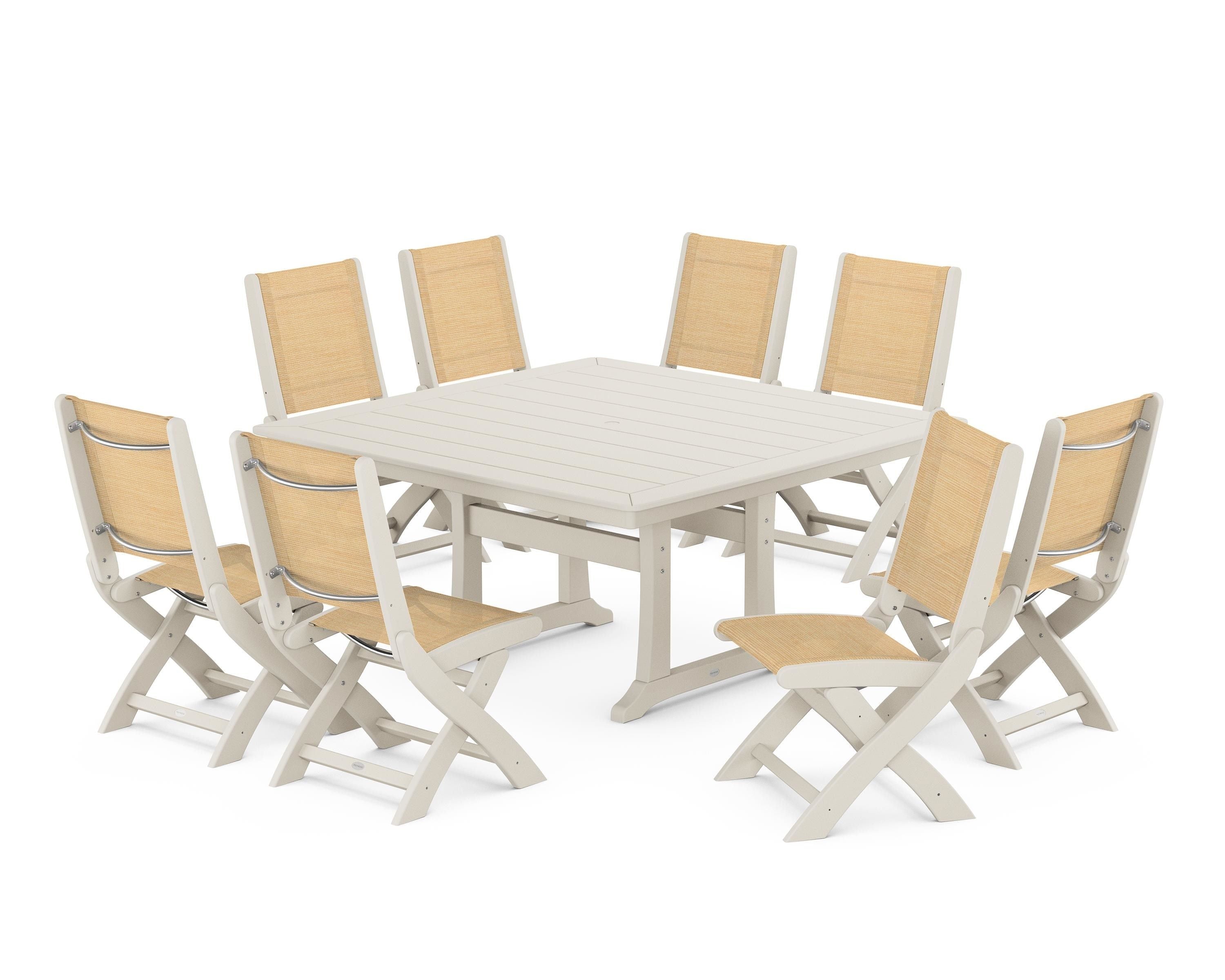 POLYWOOD Coastal Folding Side Chair 9-Piece Dining Set with Trestle Legs in Sand / Dupioni Apricot Sling