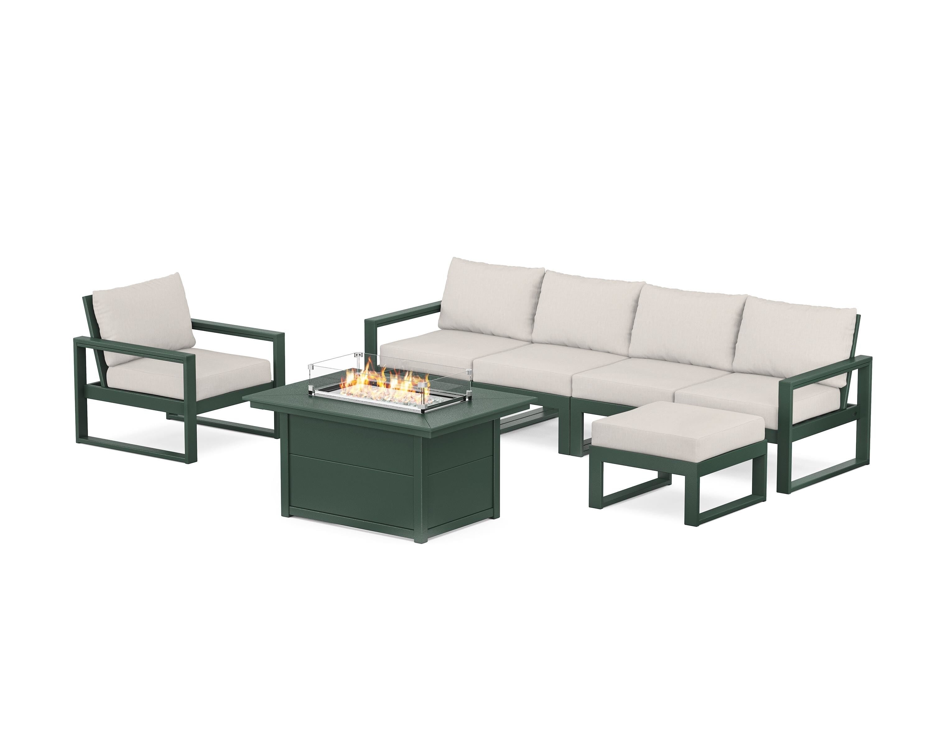 POLYWOOD EDGE Sectional Lounge and Fire Pit Set in Green / Cast Ash