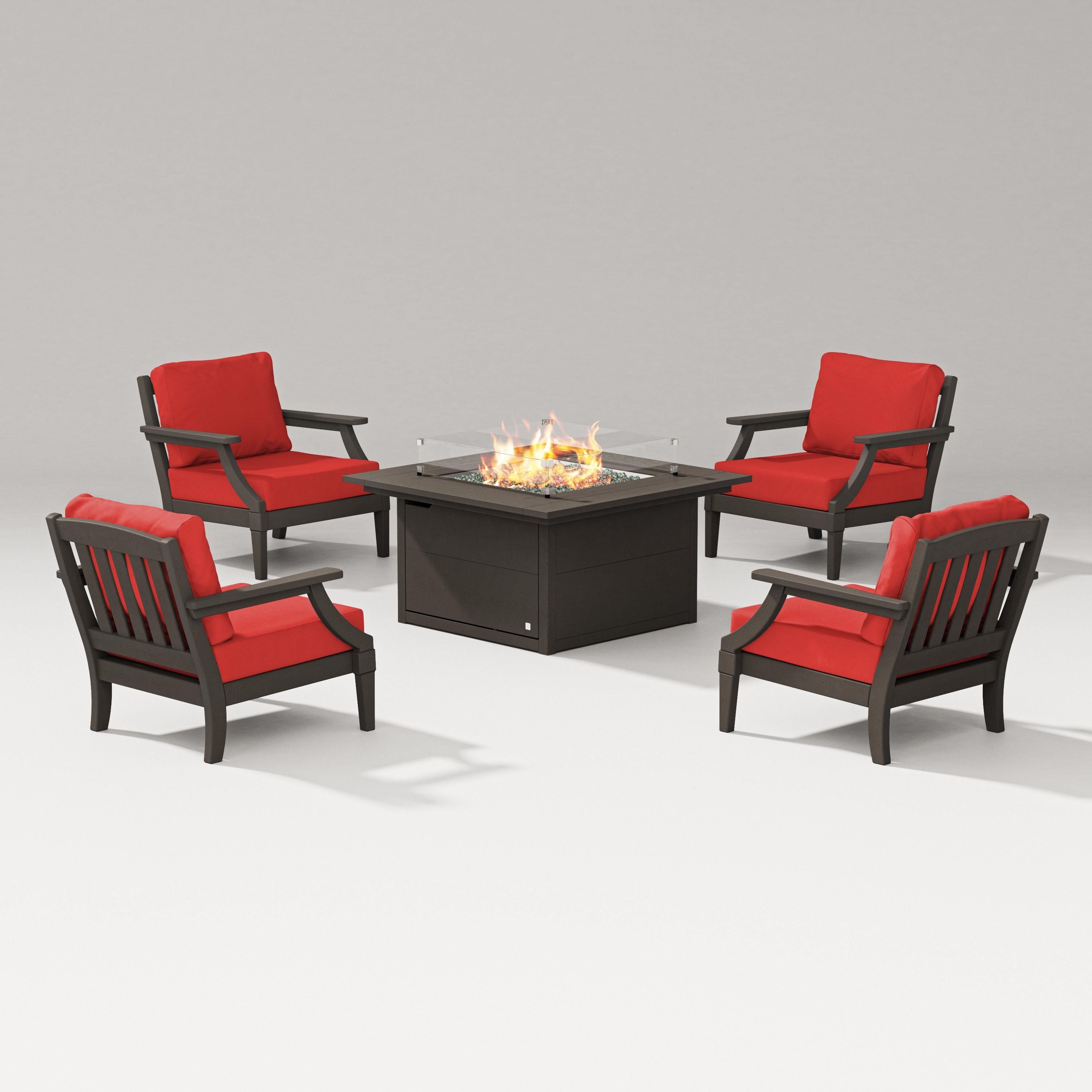 PW Designer Series Estate 5-Piece Lounge Fire Table Set in Vintage Coffee / Crimson Linen