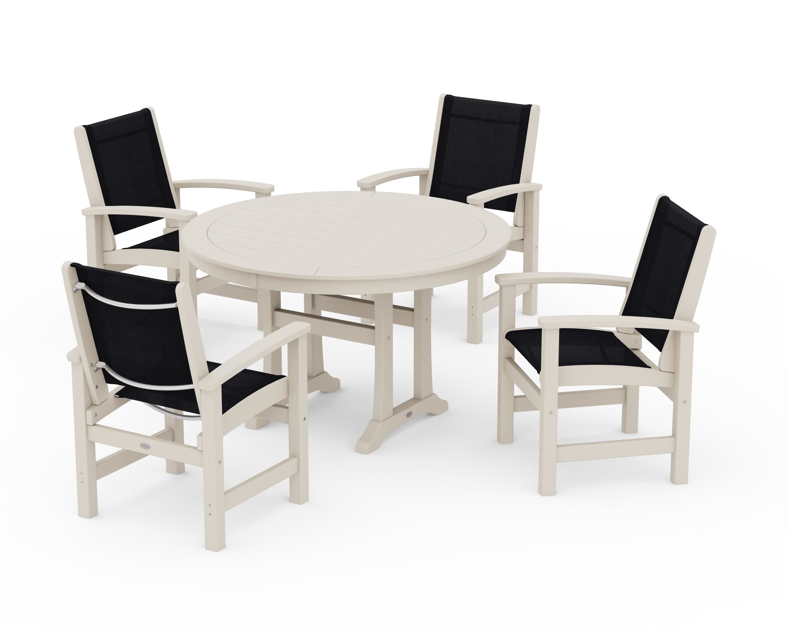 POLYWOOD Coastal 5-Piece Round Dining Set with Trestle Legs in Sand / Black Sling
