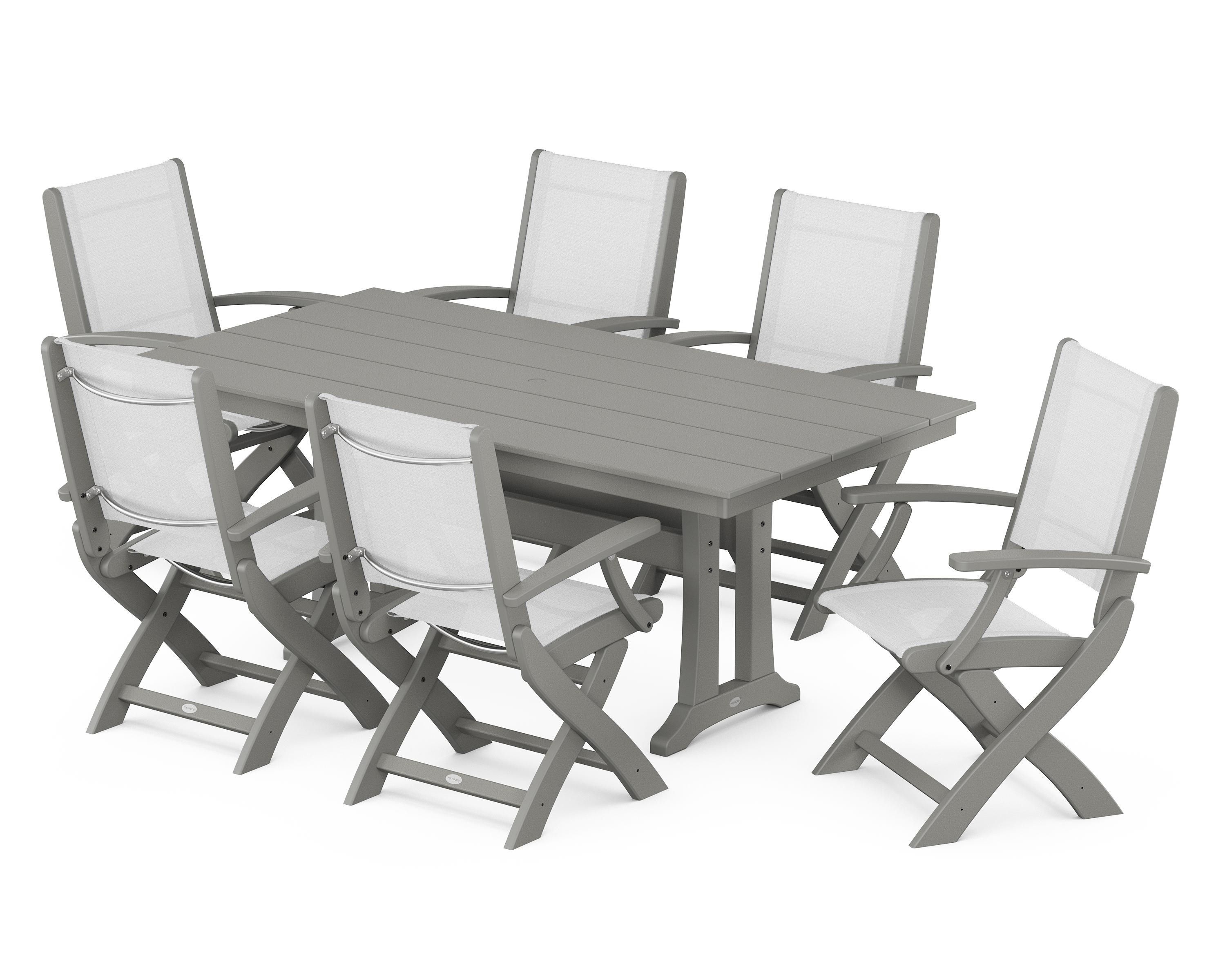 POLYWOOD Coastal Folding Arm Chair 7-Piece Farmhouse Dining Set with Trestle Legs in Slate Grey / White Sling