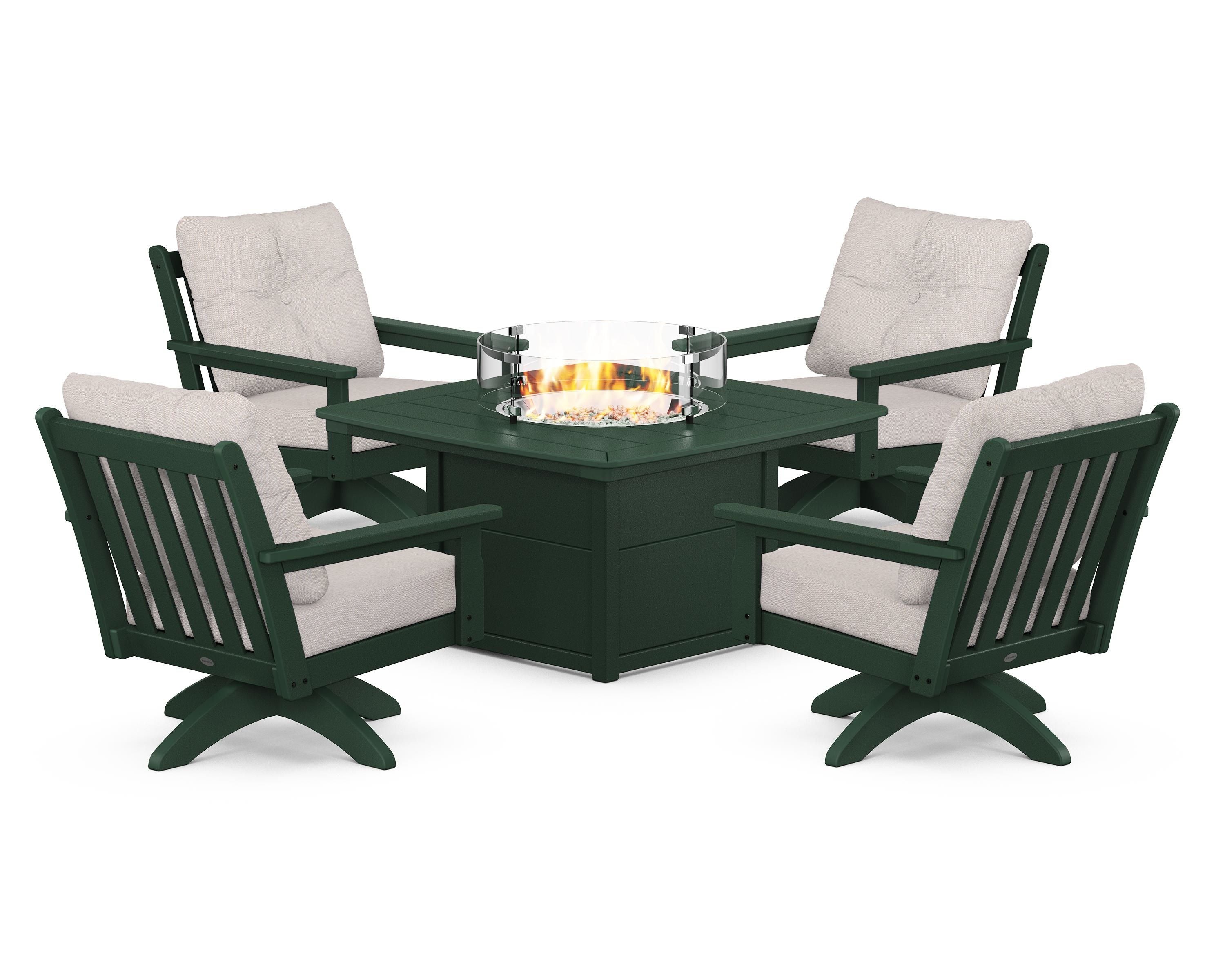 POLYWOOD Vineyard 5-Piece Deep Seating Swivel Conversation Set with Fire Pit Table in Green / Dune Burlap
