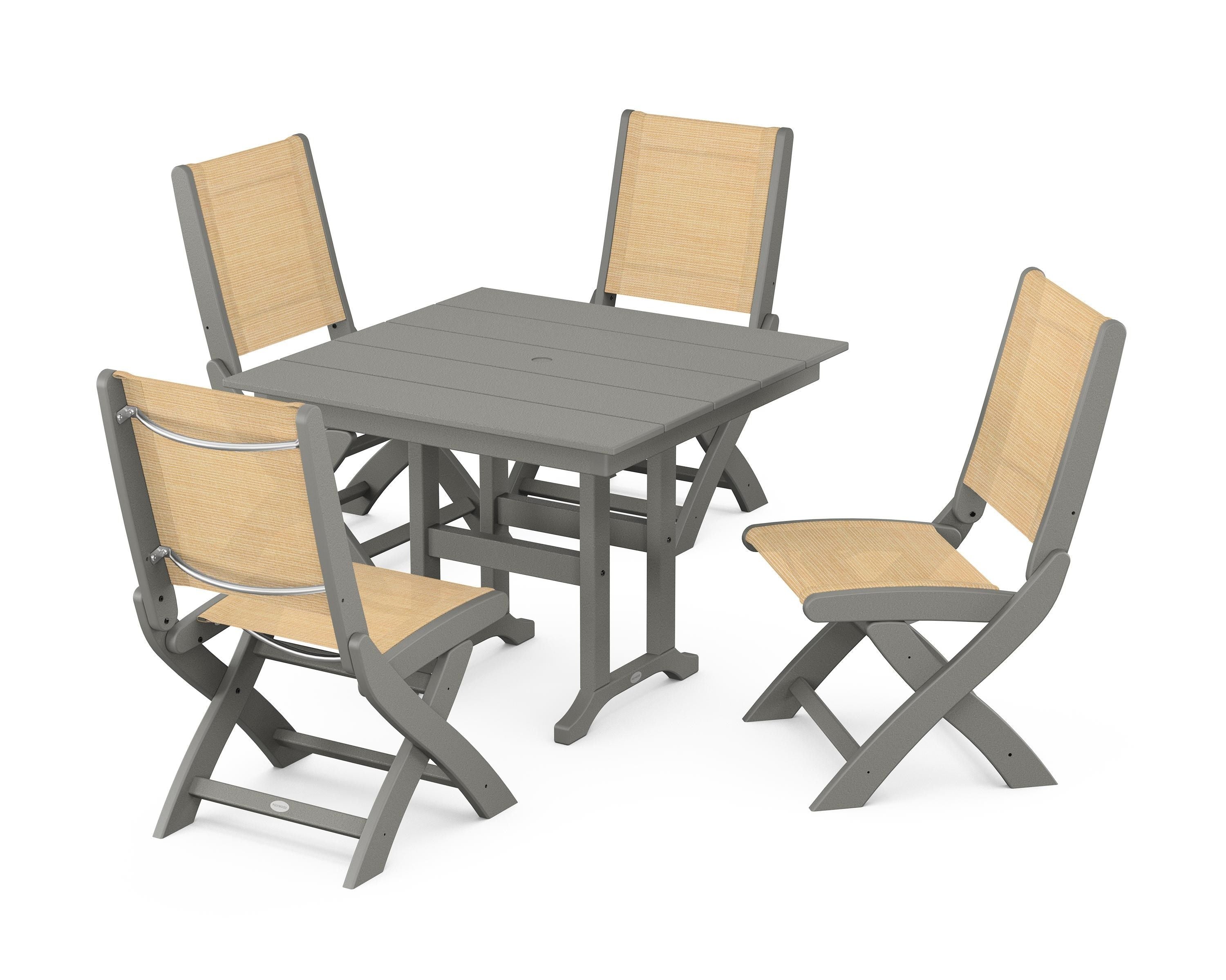 POLYWOOD Coastal Folding Side Chair 5-Piece Farmhouse Dining Set in Slate Grey / Dupioni Apricot Sling