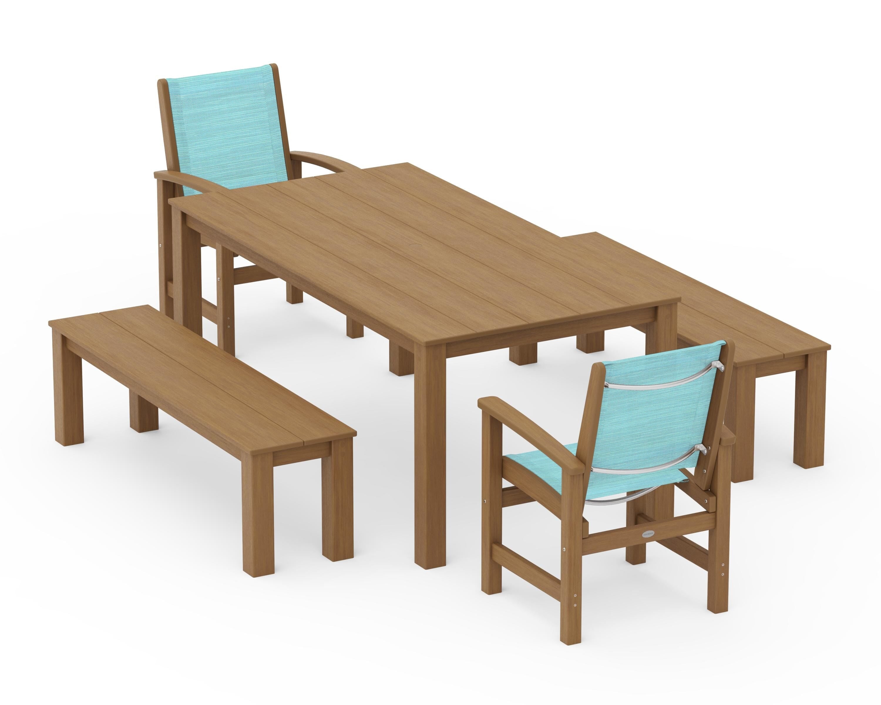 POLYWOOD Coastal 5-Piece Parsons Dining Set with Benches in Natural / Dupioni Aquamarine Sling