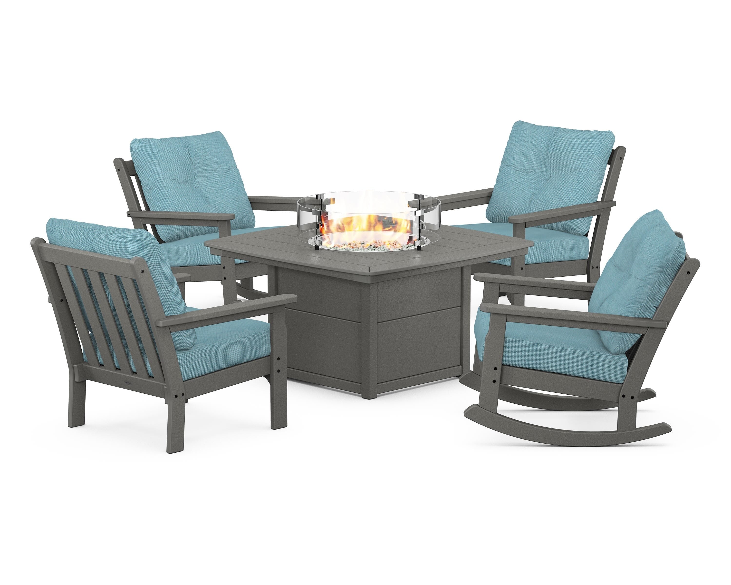 POLYWOOD Vineyard 5-Piece Deep Seating Rocking Chair Conversation Set with Fire Pit Table in Slate Grey / Lattice Sky Blue