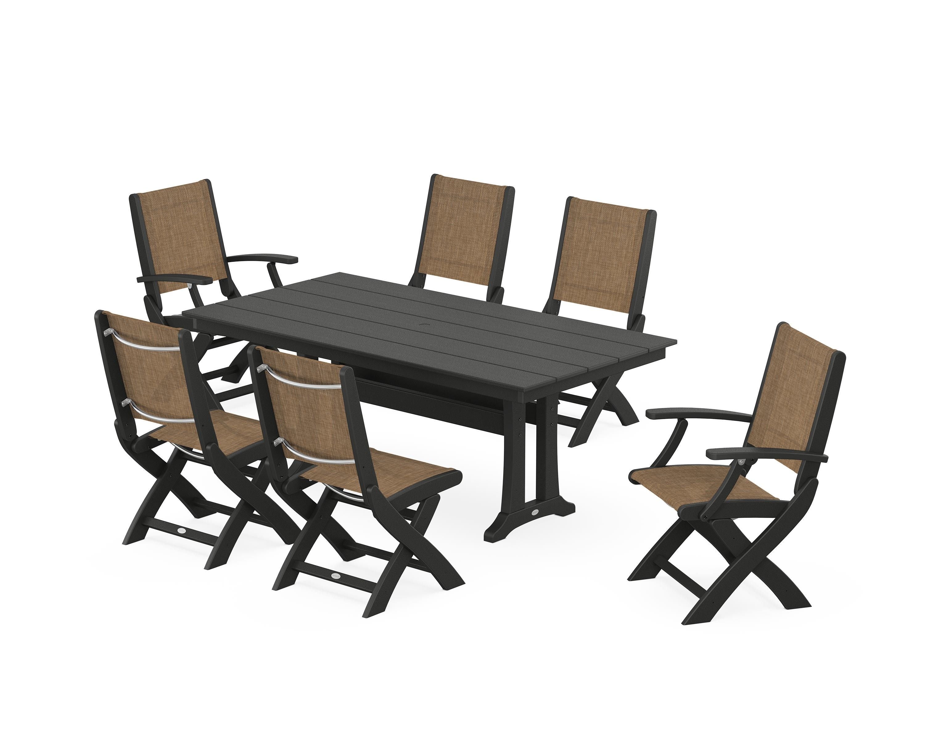 POLYWOOD Coastal Folding Chair 7-Piece Farmhouse Dining Set with Trestle Legs in Black / Burlap Sling