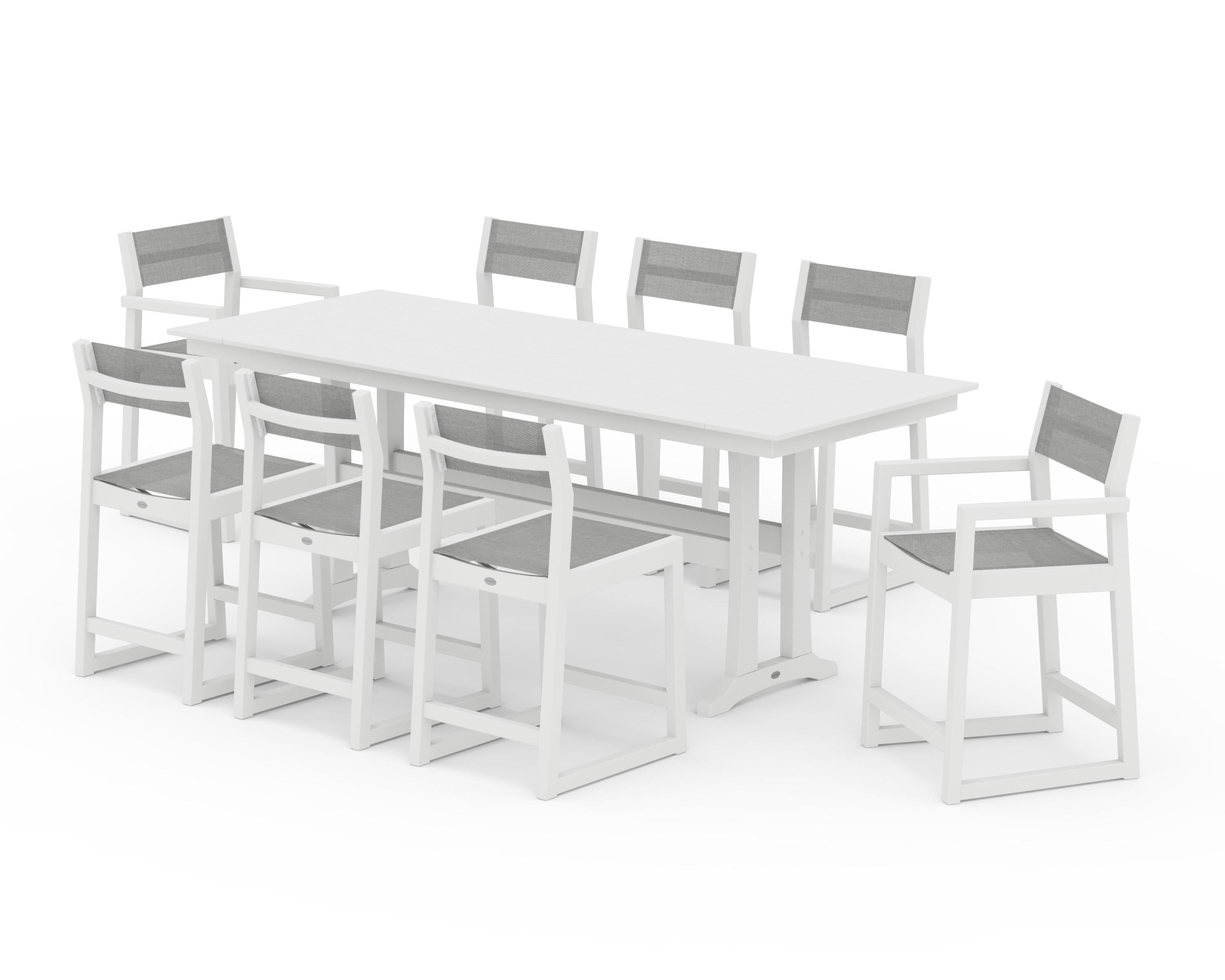 POLYWOOD EDGE Sling 9-Piece Farmhouse Counter Set with Trestle Legs in White / Metallic Sling