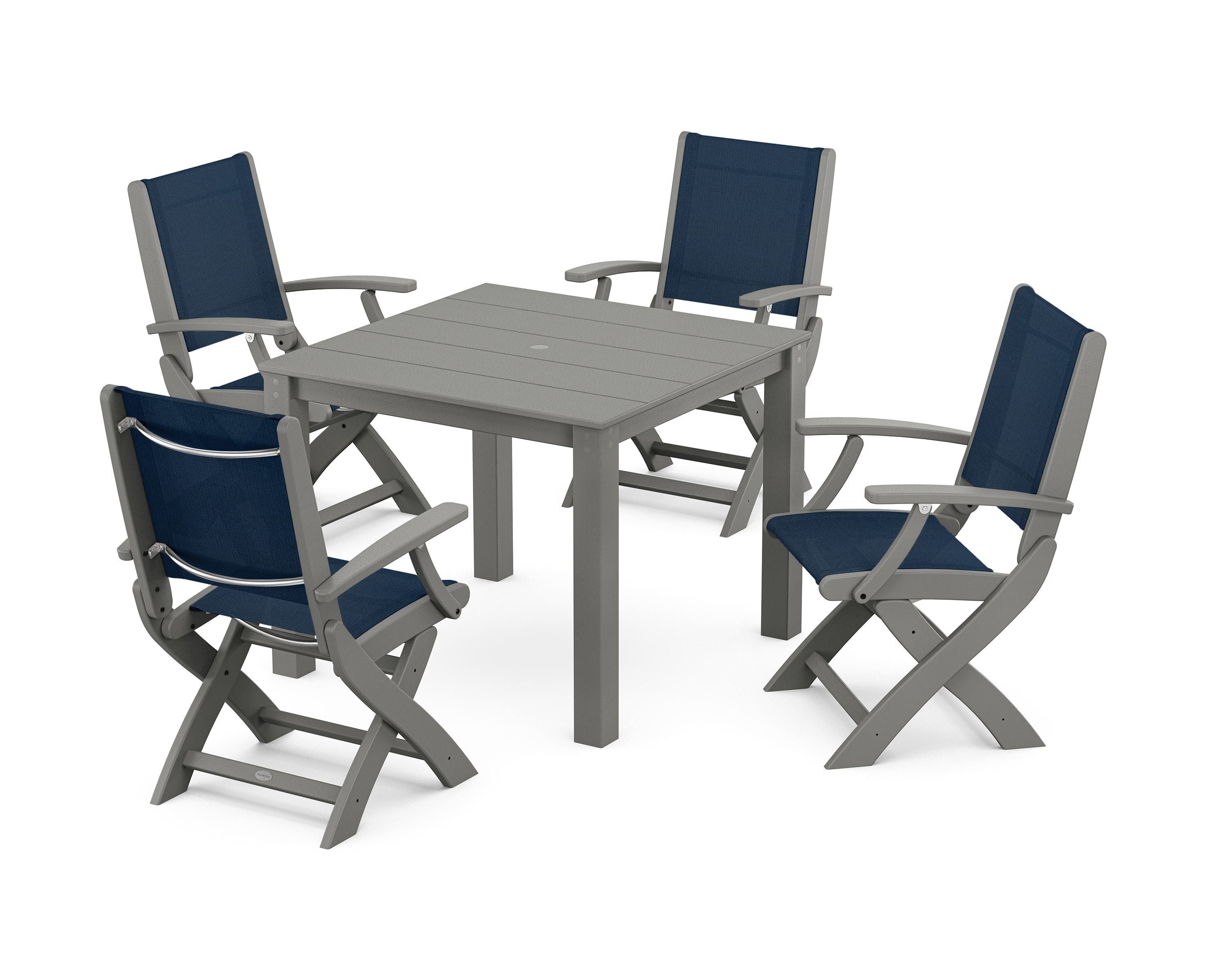 POLYWOOD Coastal Folding Chair 5-Piece Parsons Dining Set in Slate Grey / Navy Blue Sling