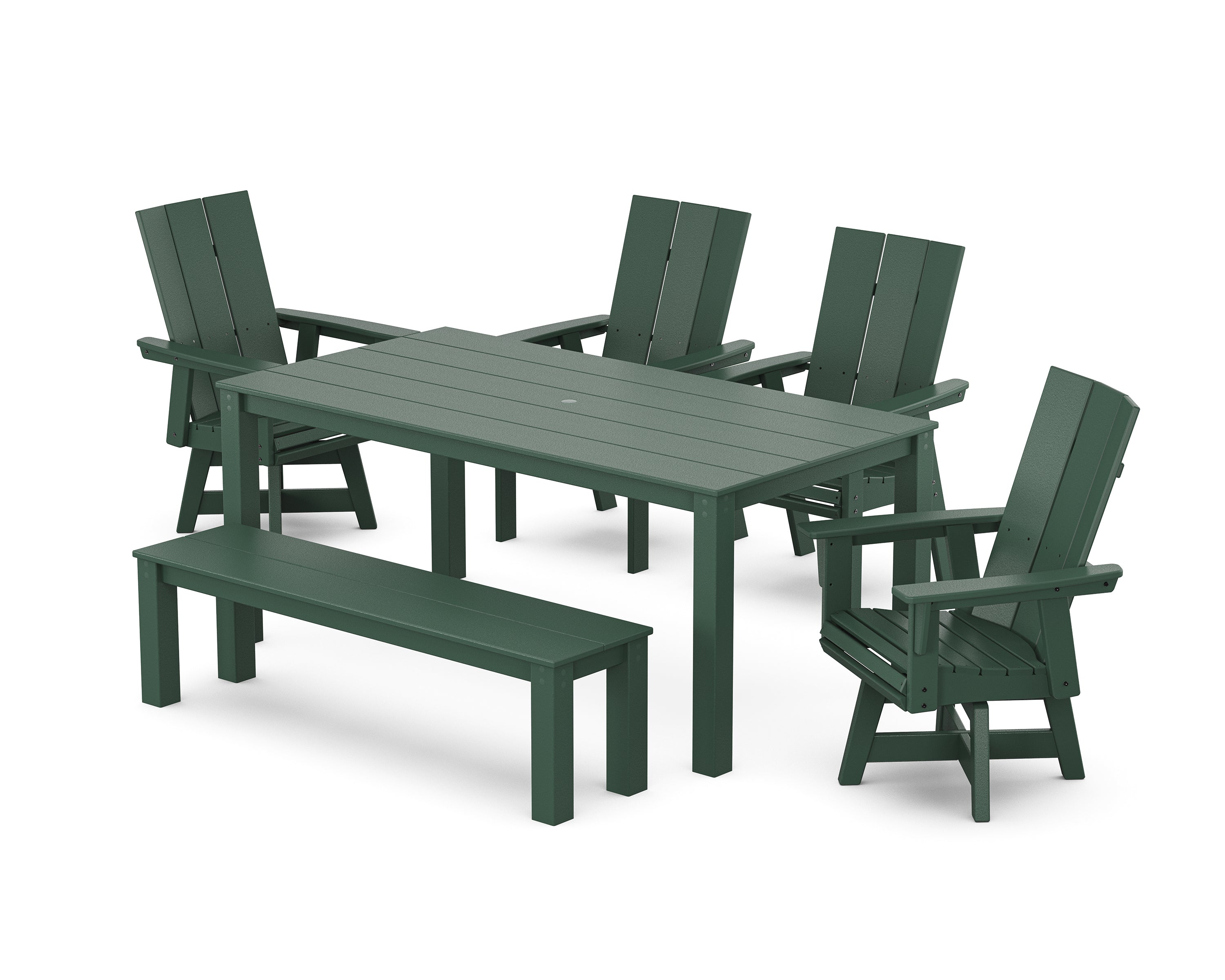 POLYWOOD® Modern Curveback Adirondack 6-Piece Parsons Swivel Dining Set with Bench in Green