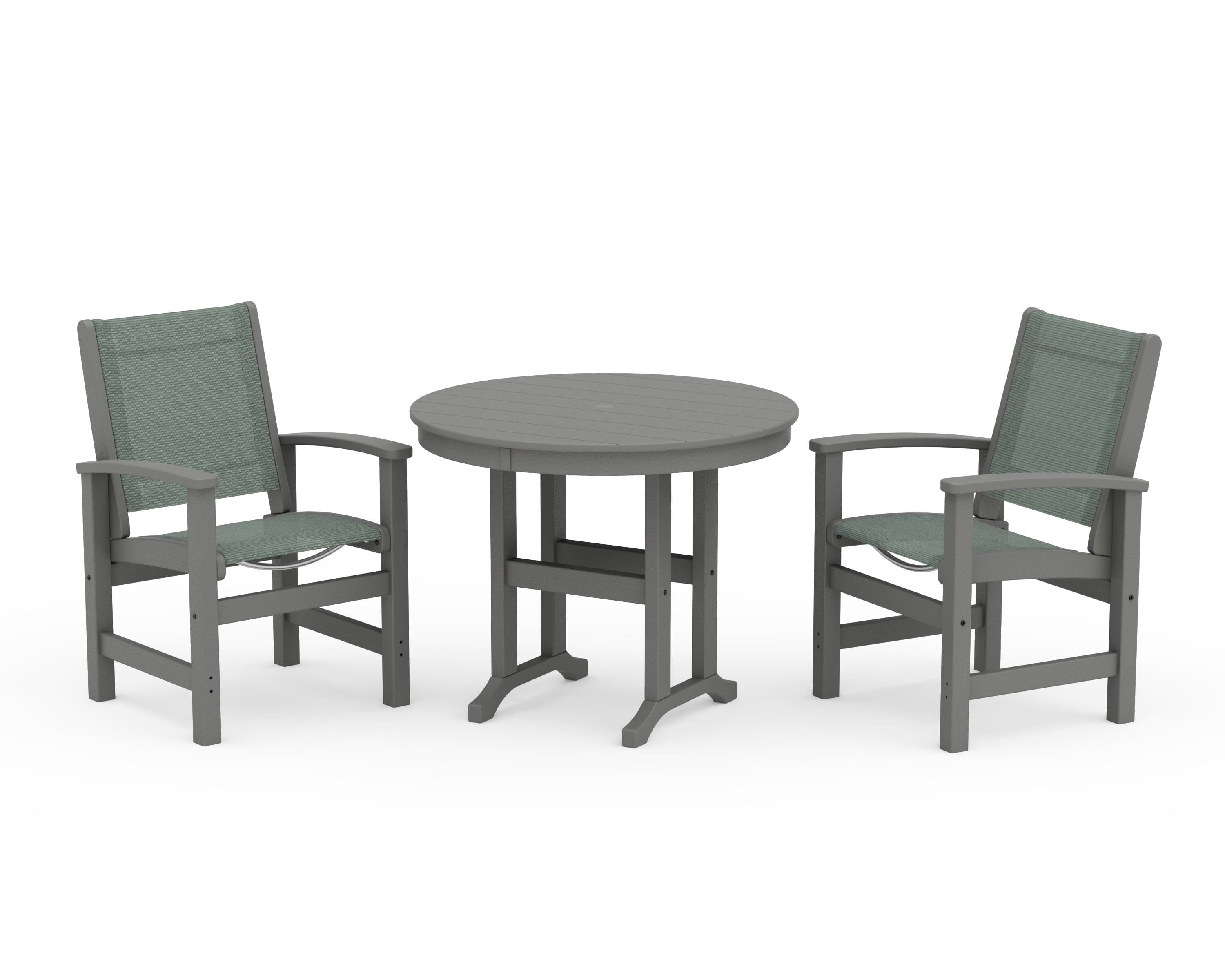 POLYWOOD Coastal 3-Piece Round Dining Set in Slate Grey / Dupioni Sea Mist Sling