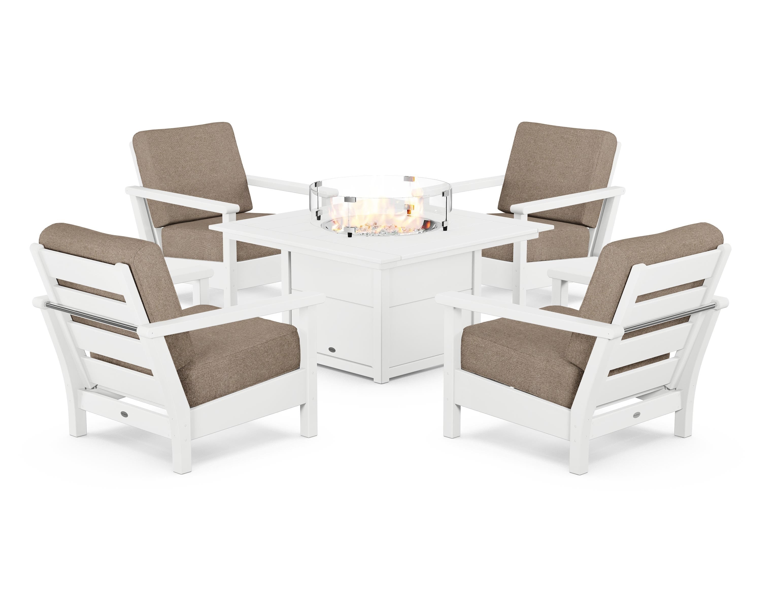 POLYWOOD Harbour 5-Piece Conversation Set with Fire Pit Table in White / Spiced Burlap