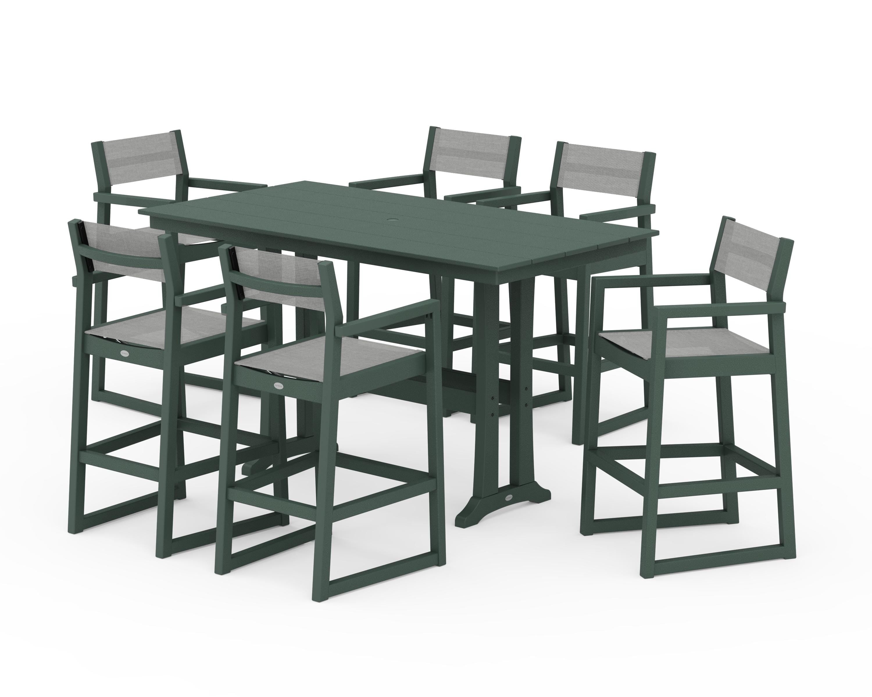 POLYWOOD EDGE Sling Arm Chair 7-Piece Farmhouse Bar Set with Trestle Legs in Green / Metallic Sling