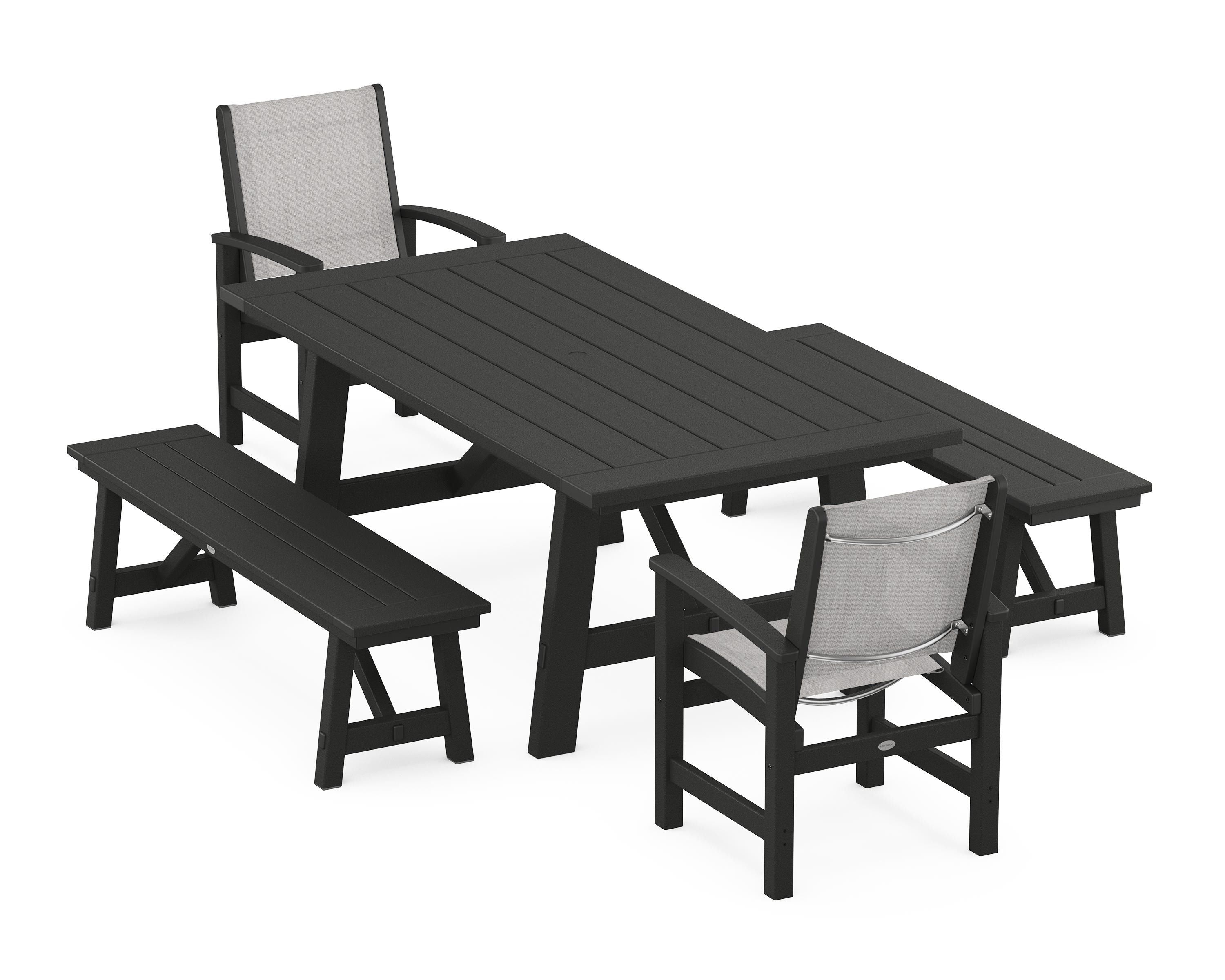 POLYWOOD Coastal 5-Piece Rustic Farmhouse Dining Set With Benches in Black / Parchment Sling