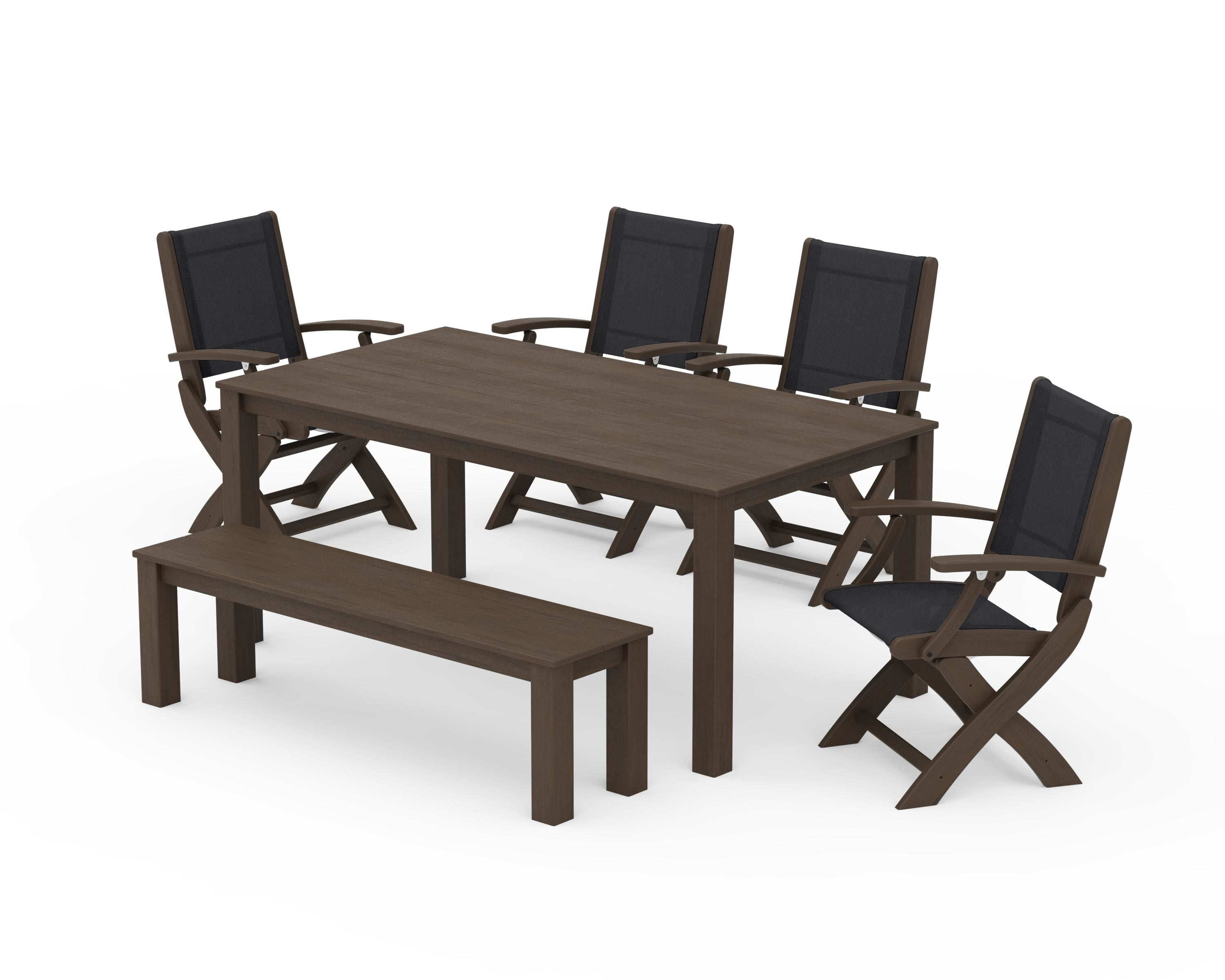 POLYWOOD Coastal Folding Chair 6-Piece Parsons Dining Set with Bench in Kona / Black Sling
