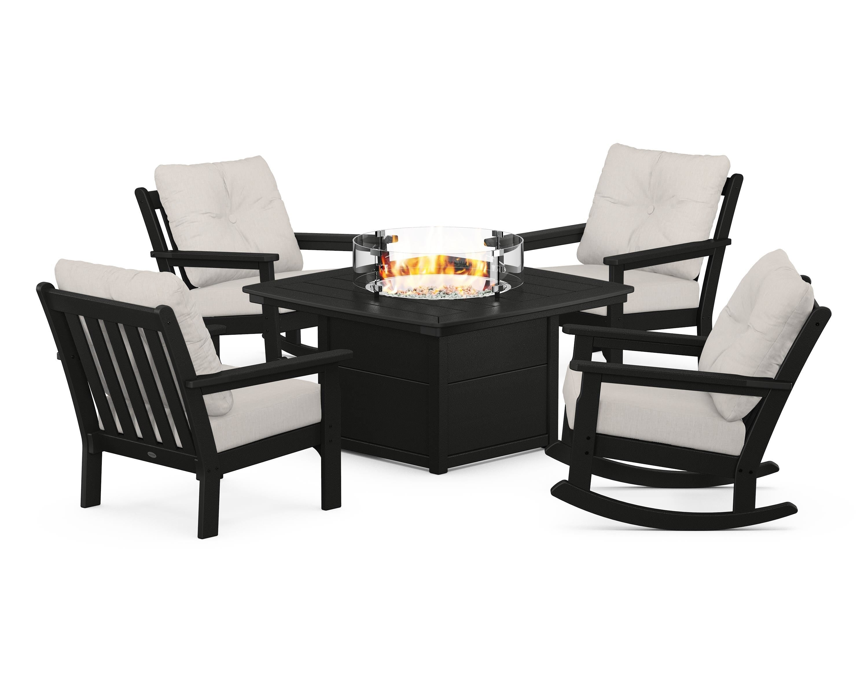 POLYWOOD Vineyard 5-Piece Deep Seating Rocking Chair Conversation Set with Fire Pit Table in Black / Cast Ash