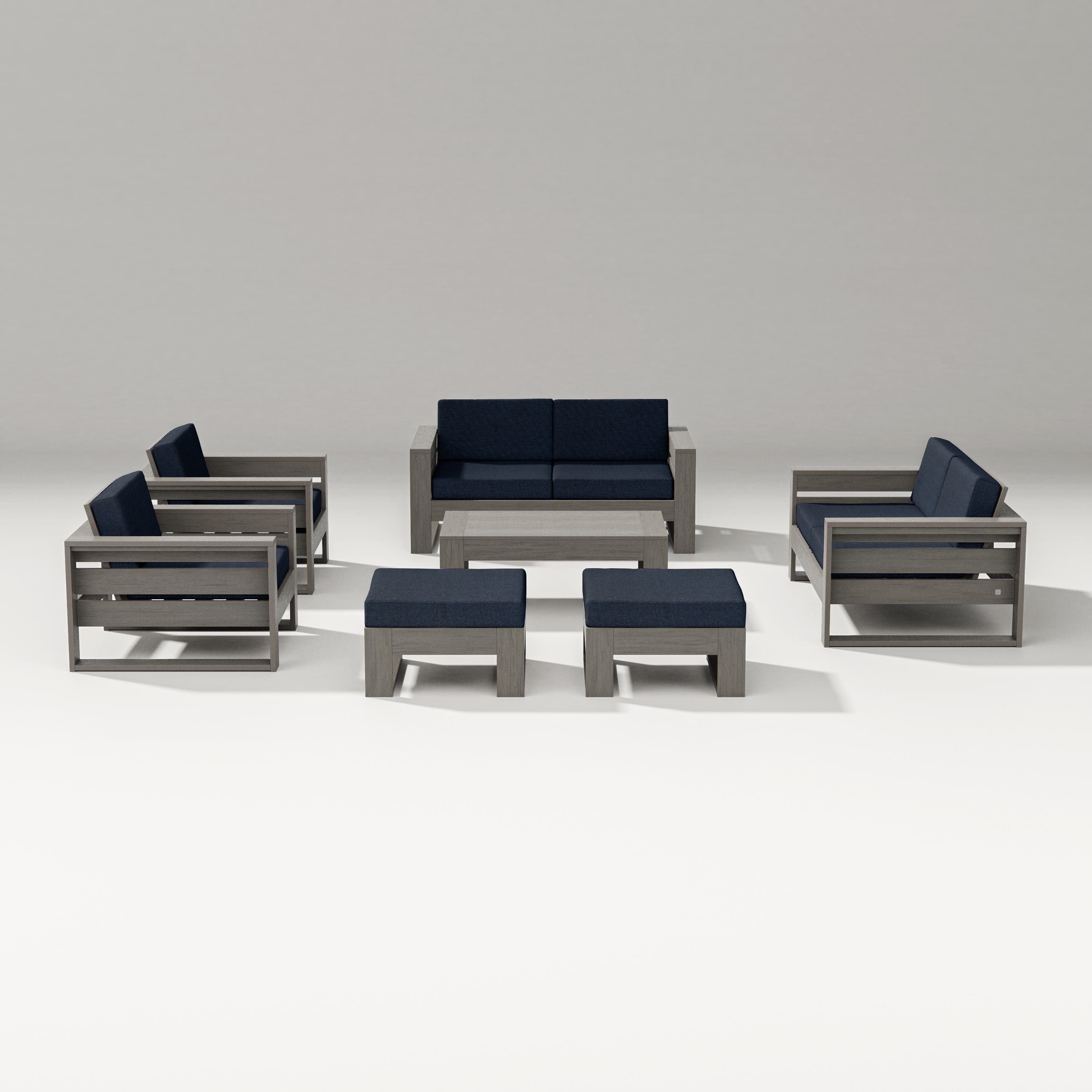 PW Designer Series Latitude 7-Piece Lounge Loveseat Set in Driftwood / Marine Indigo