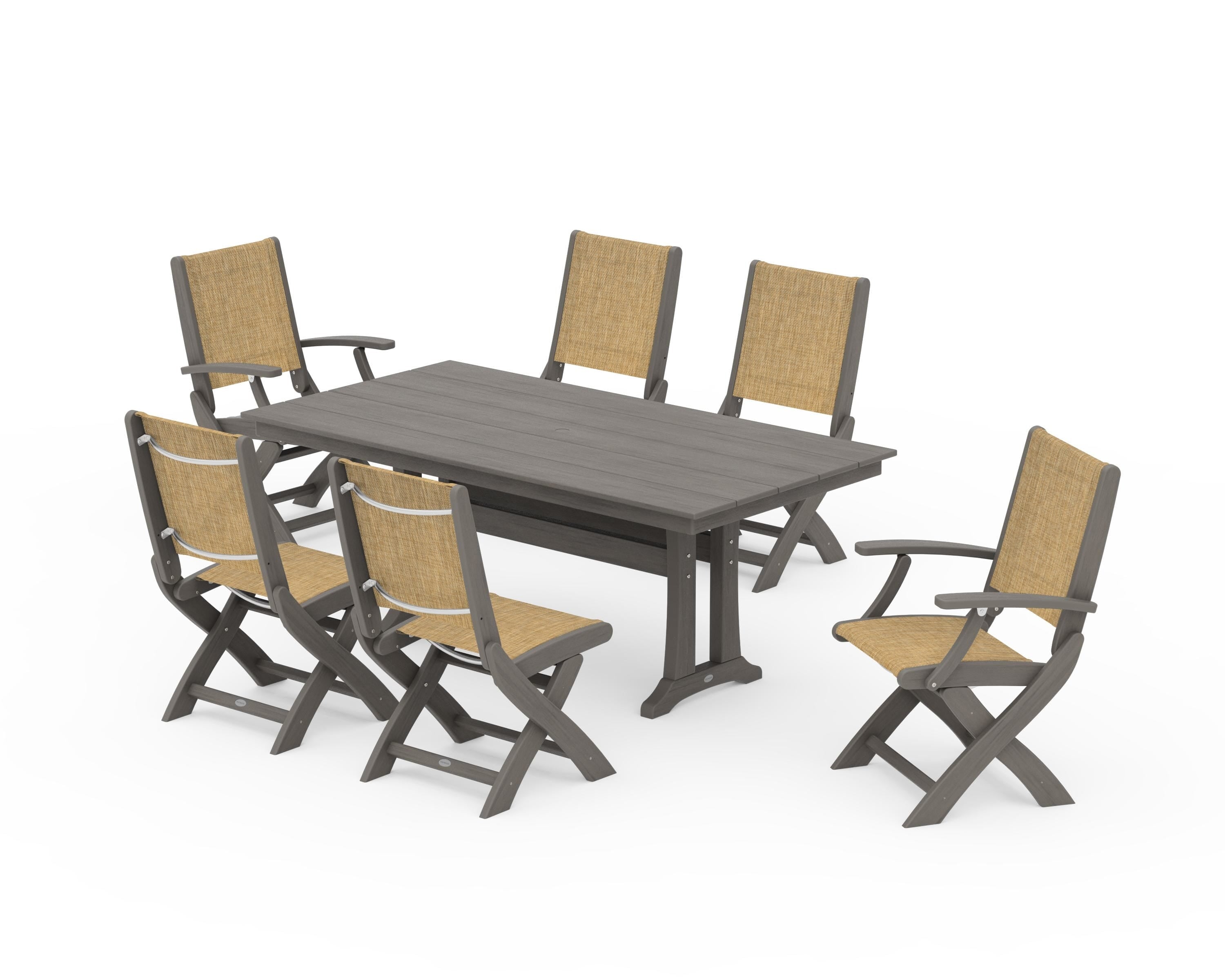 POLYWOOD Coastal Folding Chair 7-Piece Farmhouse Dining Set with Trestle Legs in Driftwood / Burlap Sling