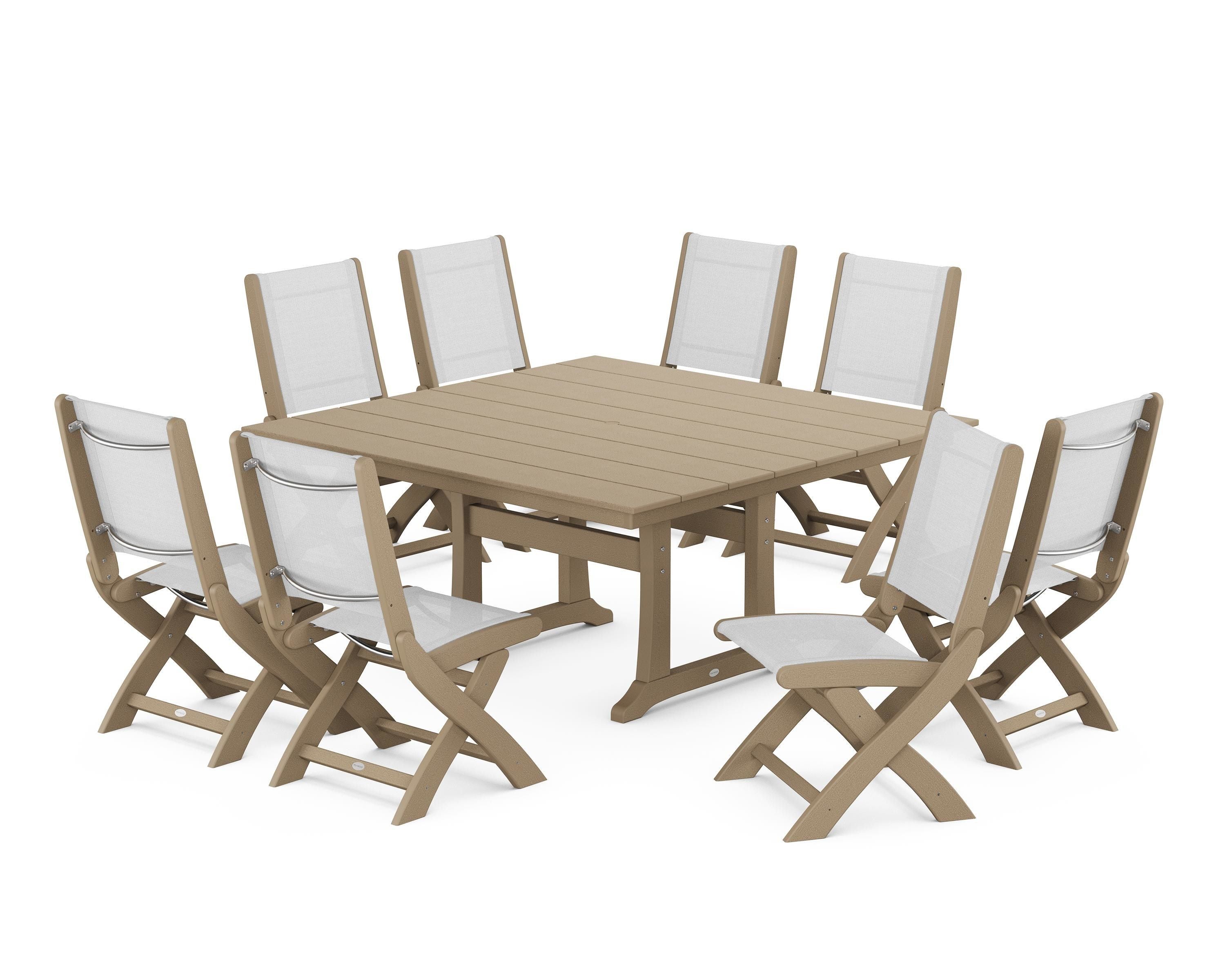 POLYWOOD Coastal Folding Side Chair 9-Piece Farmhouse Dining Set in Vintage Sahara / White Sling