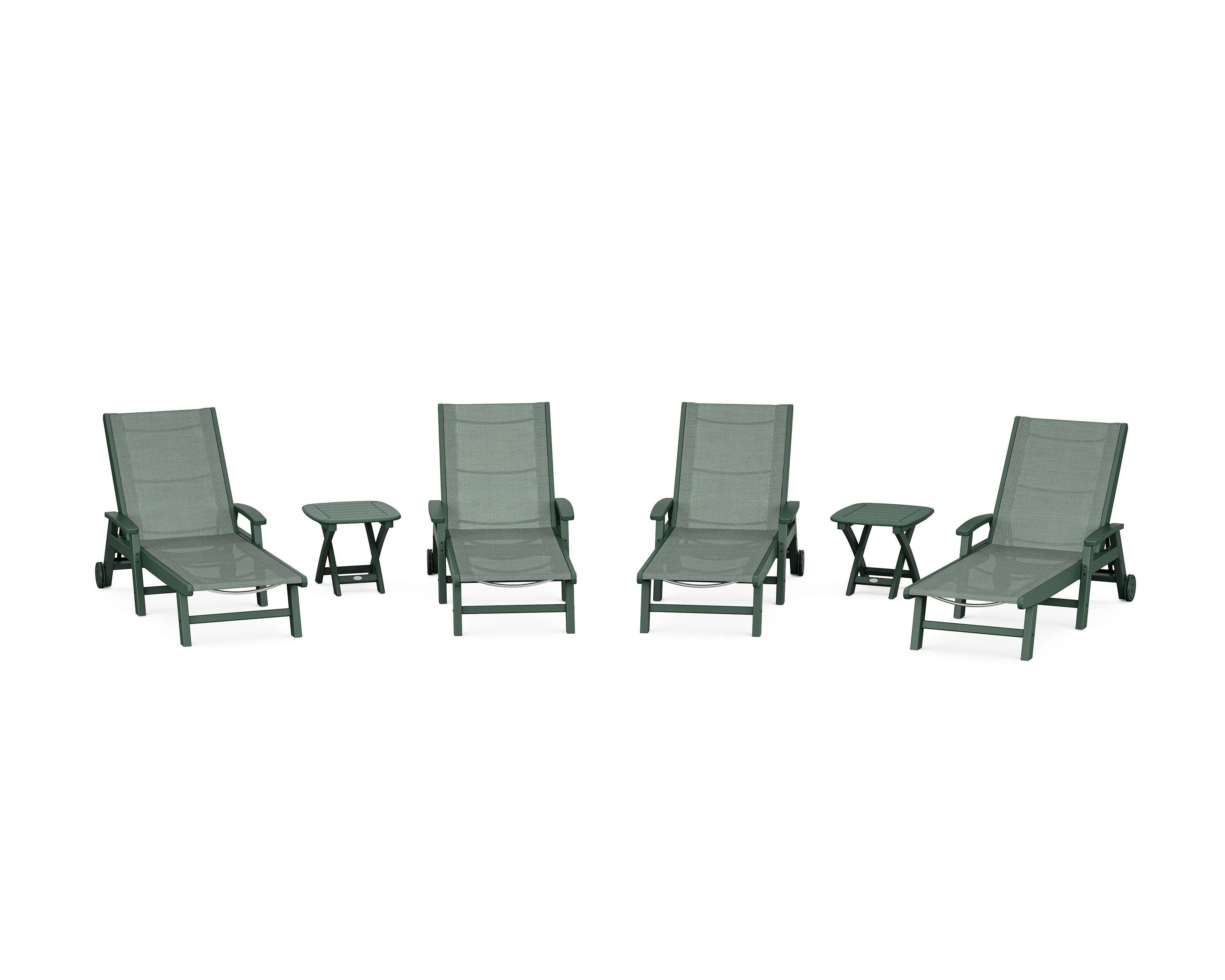 POLYWOOD Coastal Chaise 6-Piece Set with Wheels in Green / Dupioni Sea Mist Sling