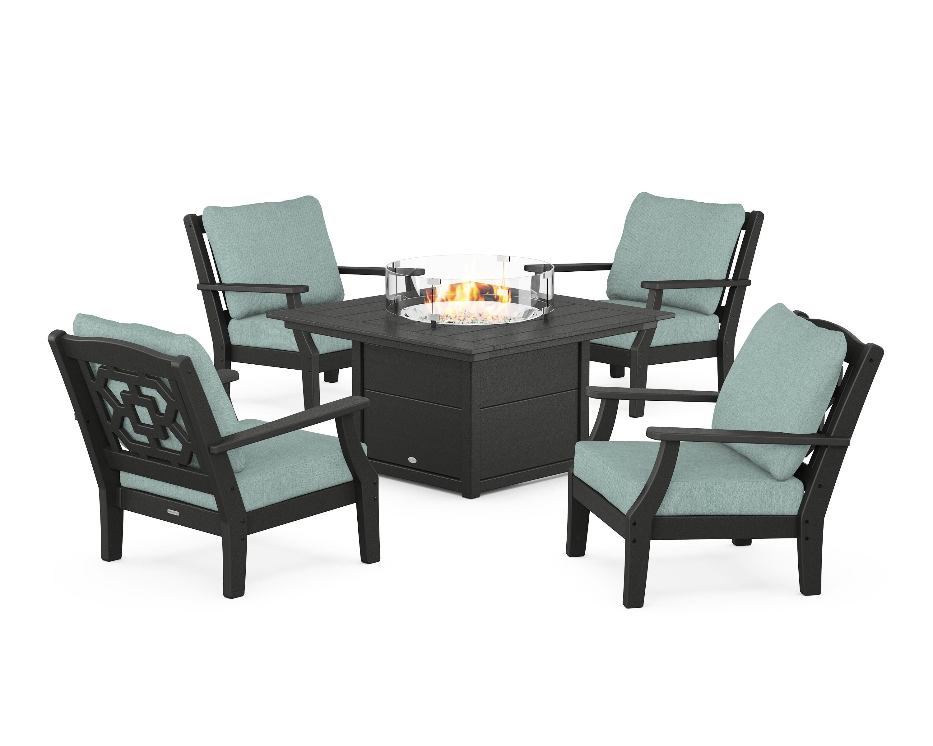 Martha Stewart by POLYWOOD Chinoiserie 5-Piece Deep Seating Set with Fire Pit Table in Black / Glacier Spa
