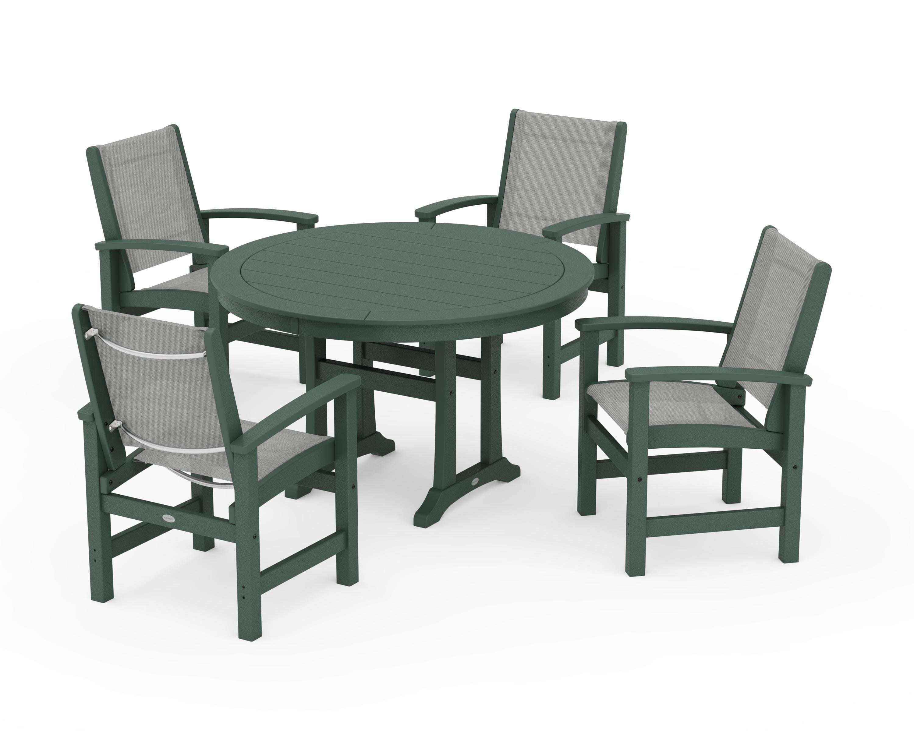 POLYWOOD Coastal 5-Piece Round Dining Set with Trestle Legs in Green / Metallic Sling