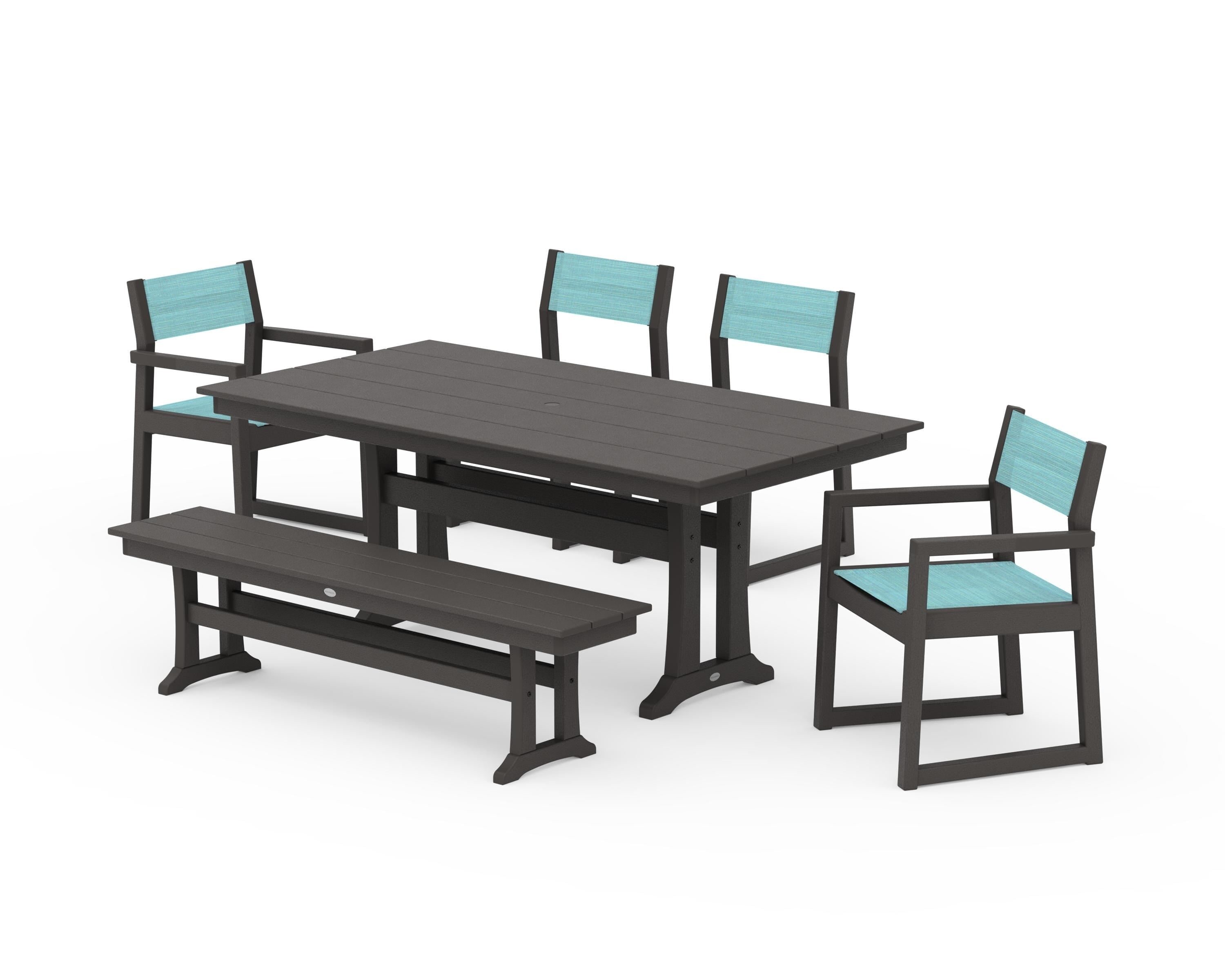 POLYWOOD EDGE Sling 6-Piece Farmhouse Dining Set With Trestle Legs in Vintage Coffee / Dupioni Aquamarine Sling