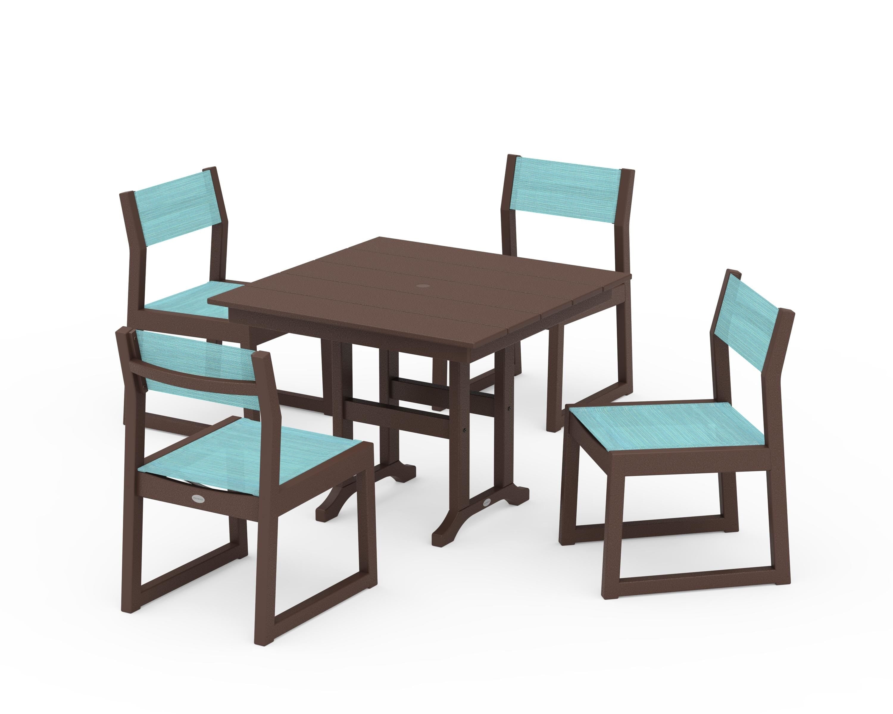POLYWOOD EDGE Sling Side Chair 5-Piece Farmhouse Dining Set in Mahogany / Dupioni Aquamarine Sling
