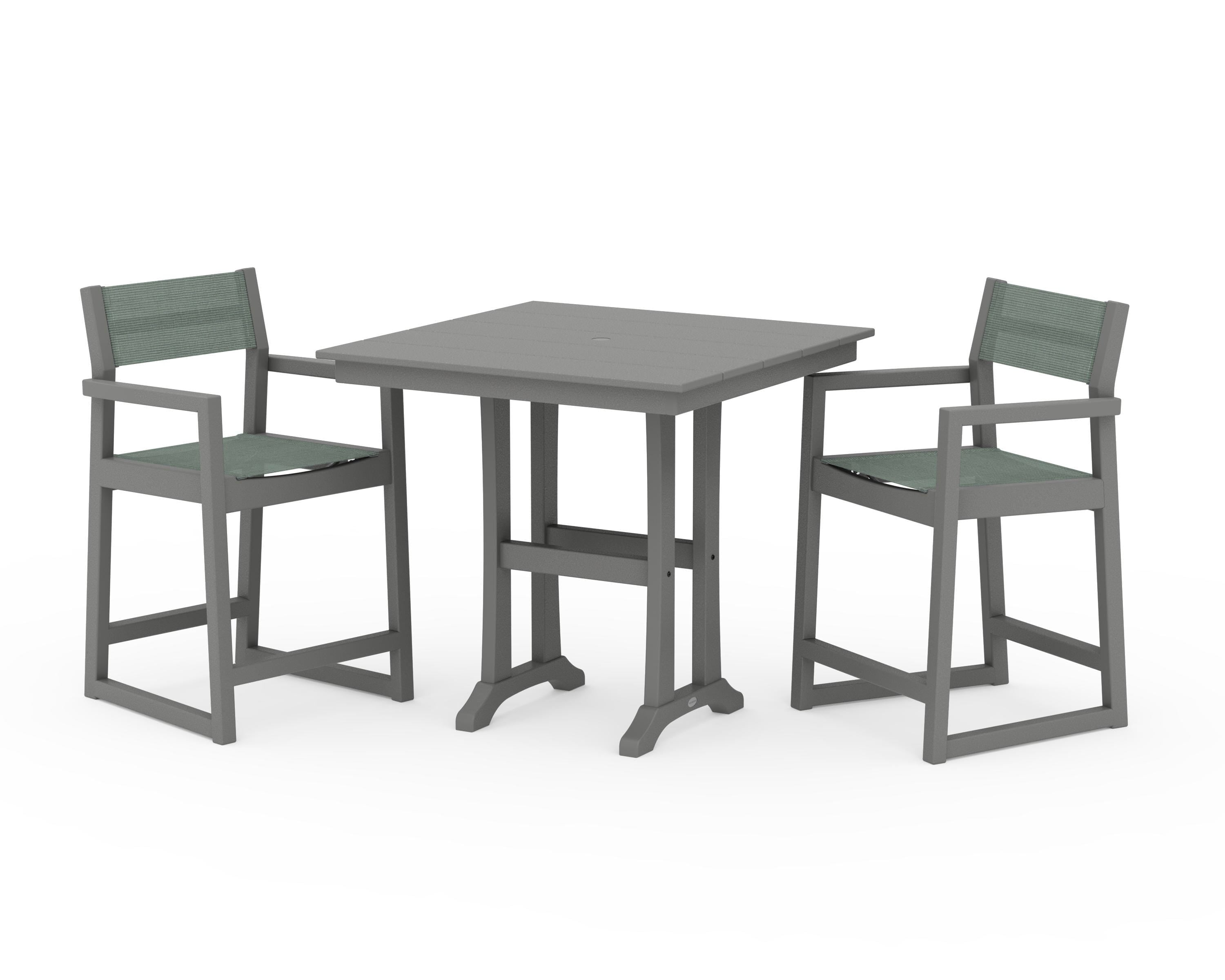 POLYWOOD EDGE Sling Arm Chair 3-Piece Farmhouse Counter Set with Trestle Legs in Slate Grey / Dupioni Sea Mist Sling