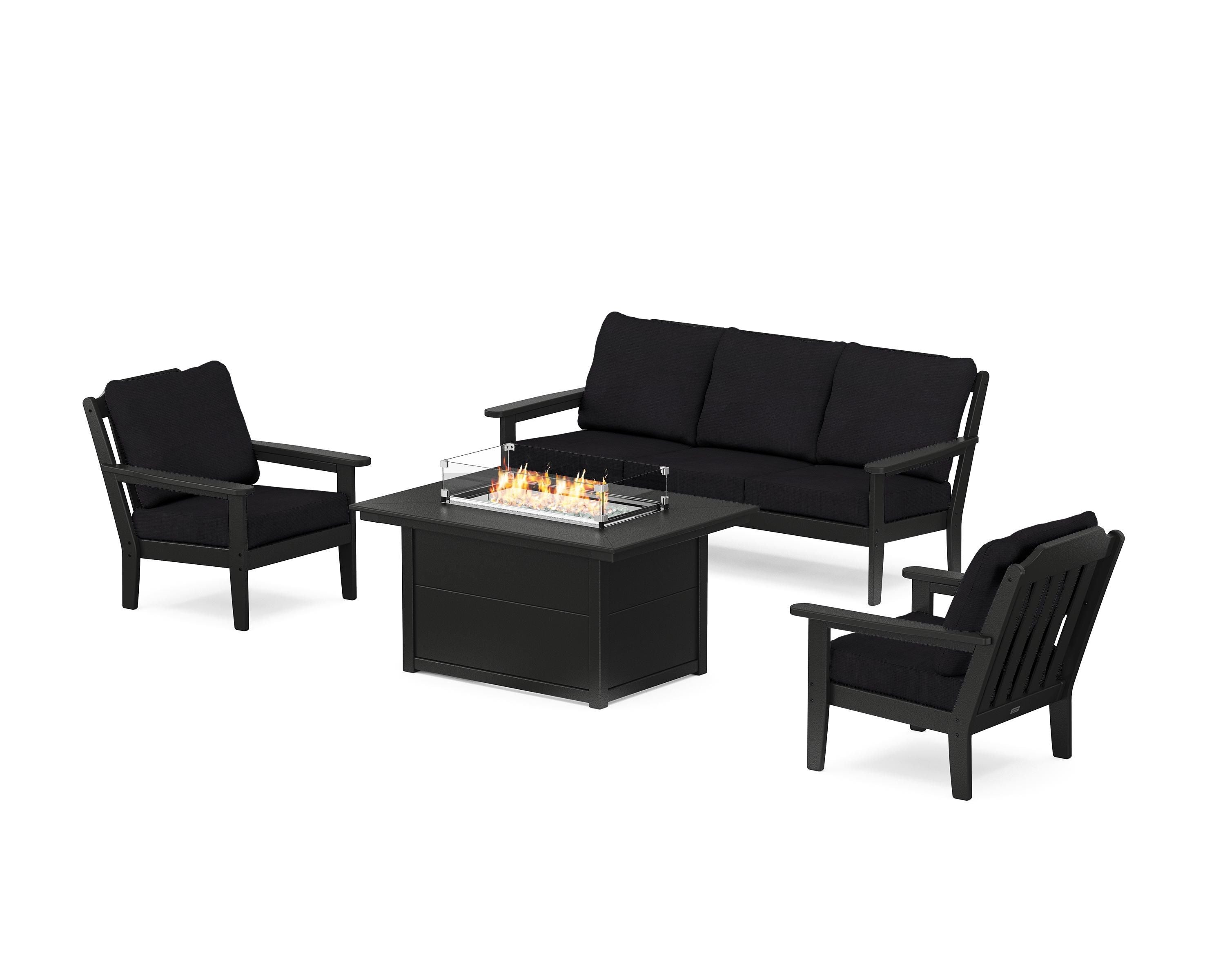 Country Living Cottage Deep Seating Fire Pit Table Set in Black / Midnight Linen