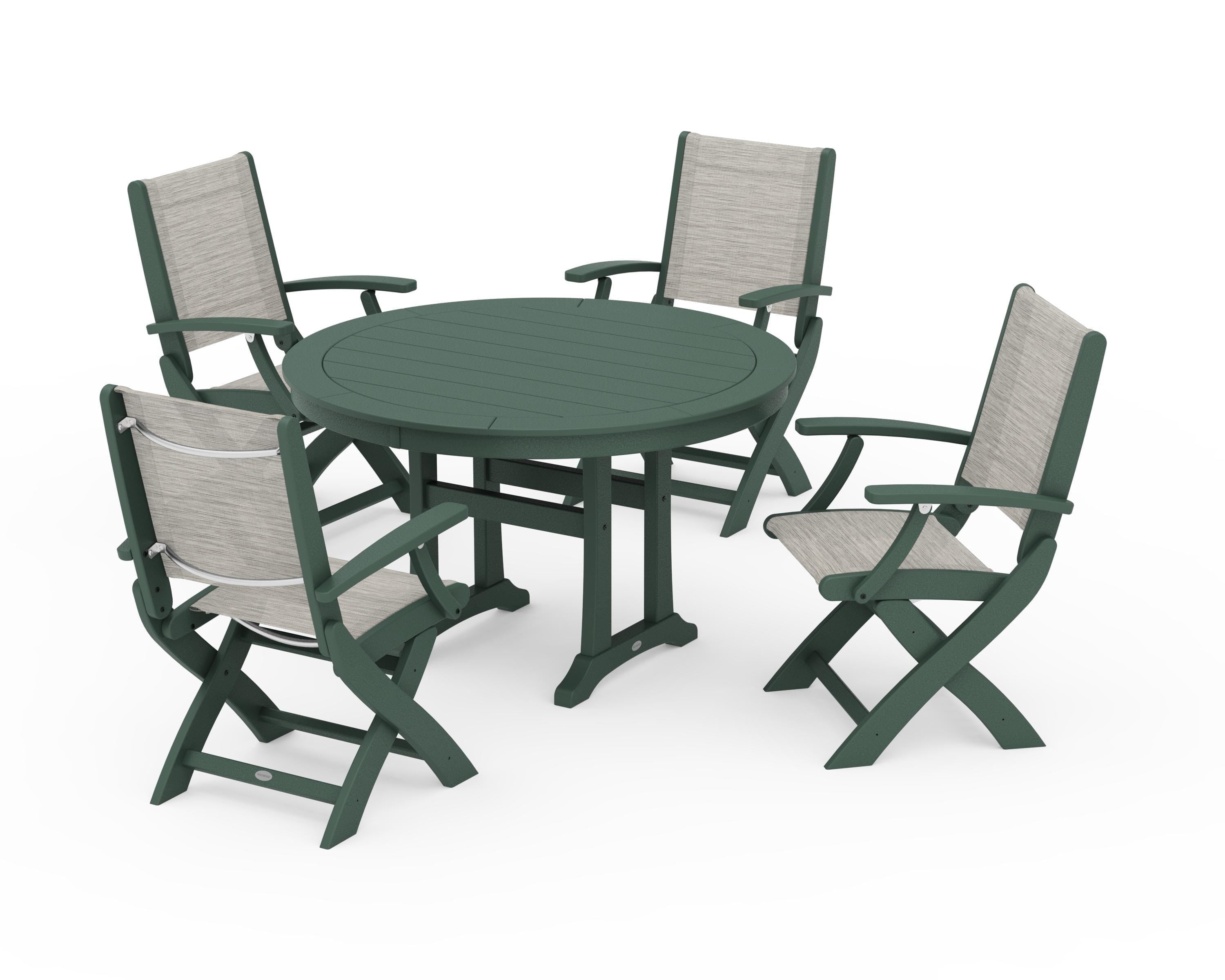 POLYWOOD Coastal Folding Chair 5-Piece Round Dining Set with Trestle Legs in Green / Birch Sling