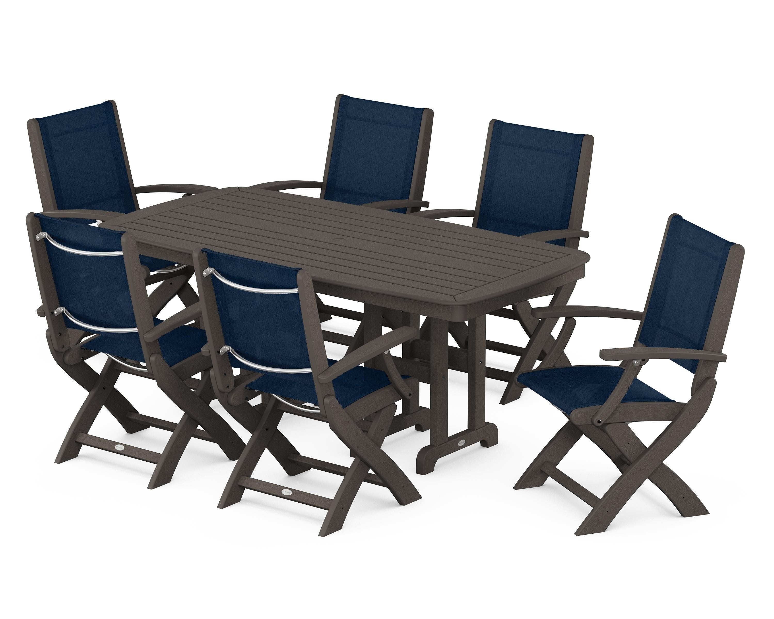 POLYWOOD Coastal Folding Arm Chair 7-Piece Dining Set in Vintage Coffee / Navy Blue Sling