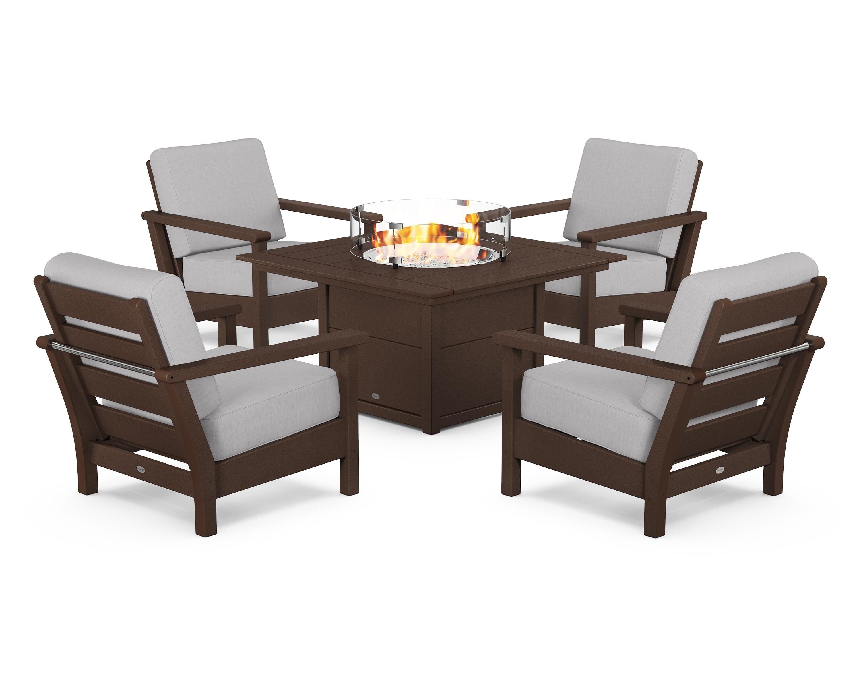 POLYWOOD Harbour 5-Piece Conversation Set with Fire Pit Table in Mahogany / Granite