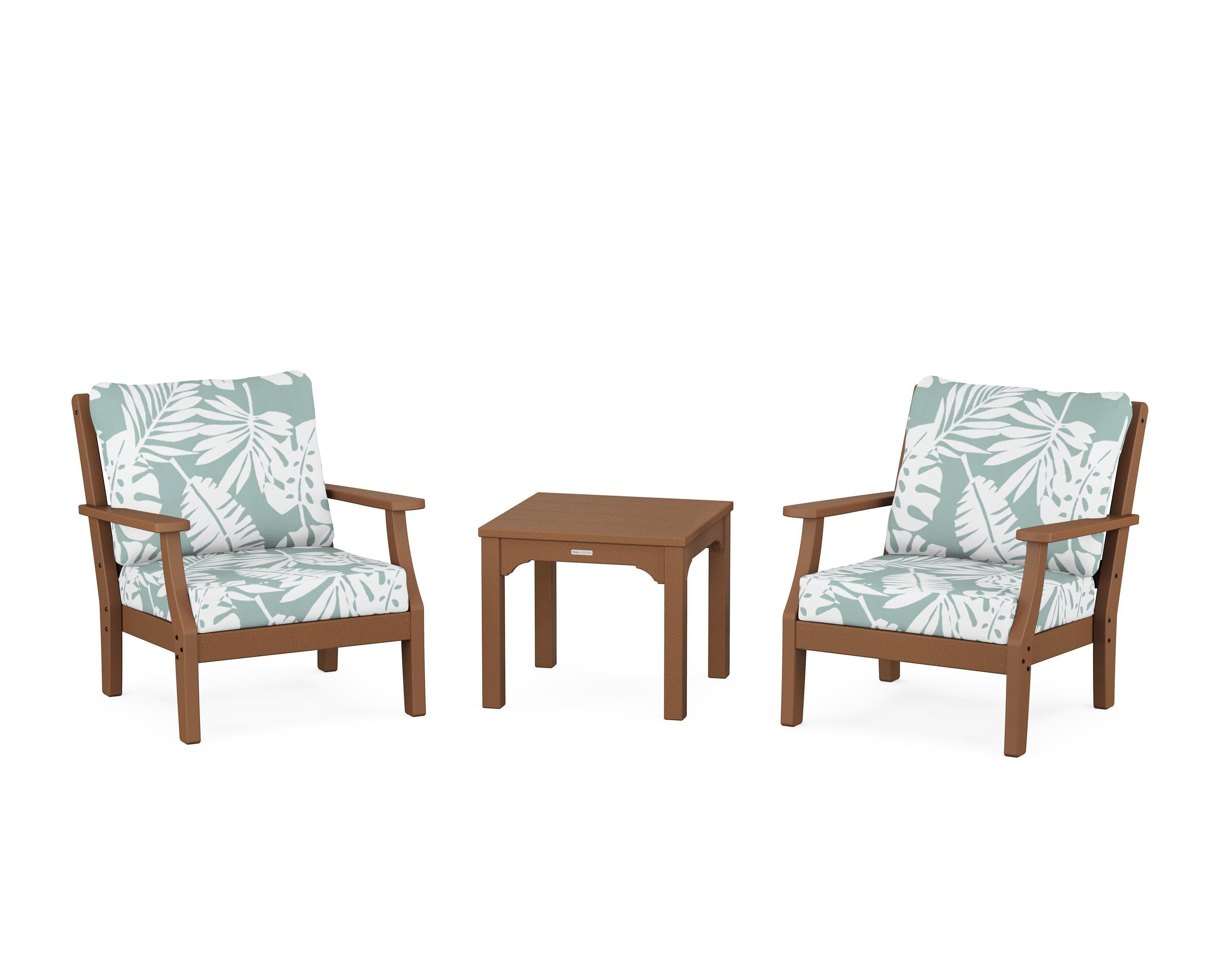 Martha Stewart by POLYWOOD Chinoiserie 3-Piece Deep Seating Set in Teak / Leaf Glacier Spa