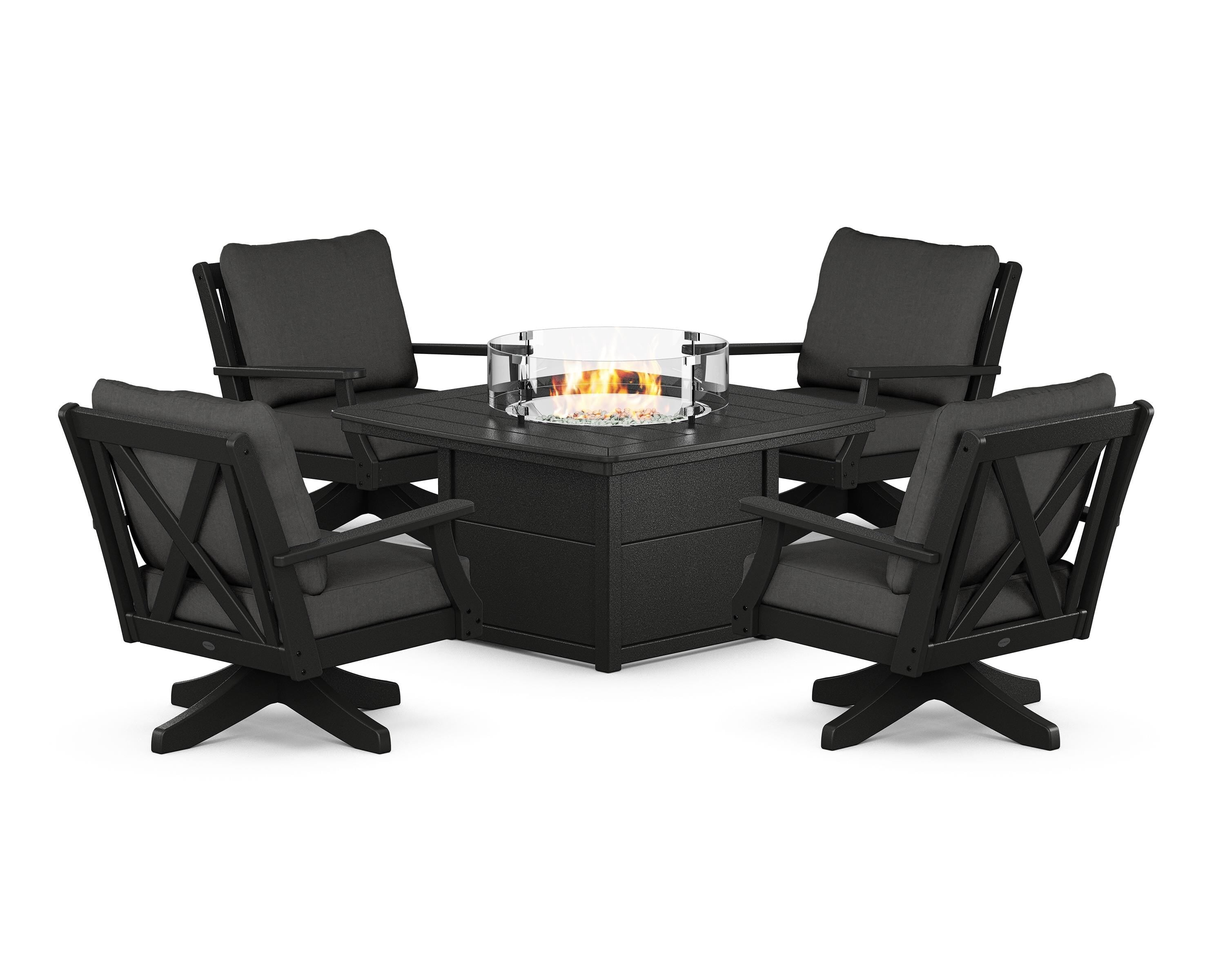 POLYWOOD Braxton 5-Piece Deep Seating Swivel Conversation Set with Fire Pit Table in Black / Spectrum Carbon