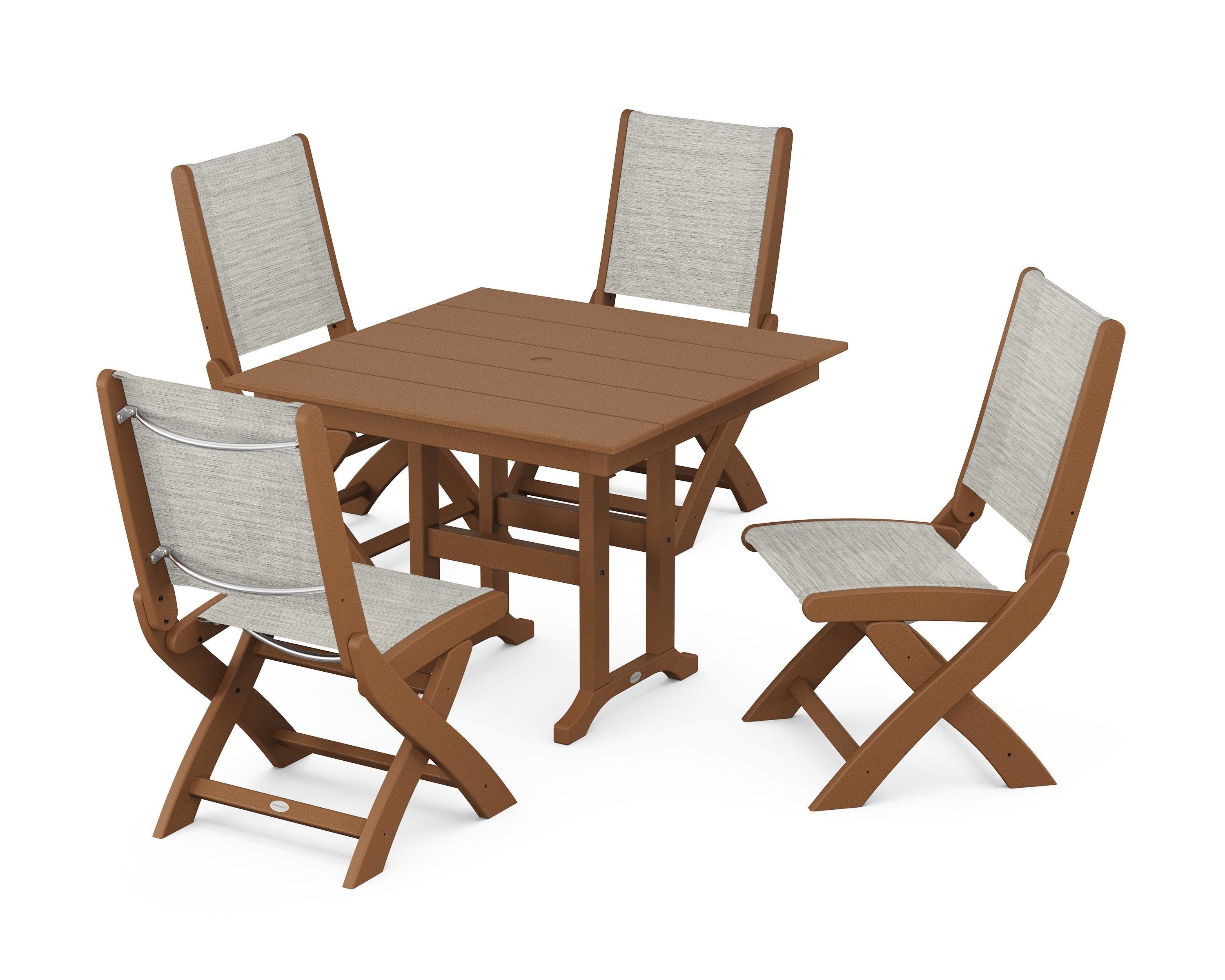 POLYWOOD Coastal Folding Side Chair 5-Piece Farmhouse Dining Set in Teak / Birch Sling