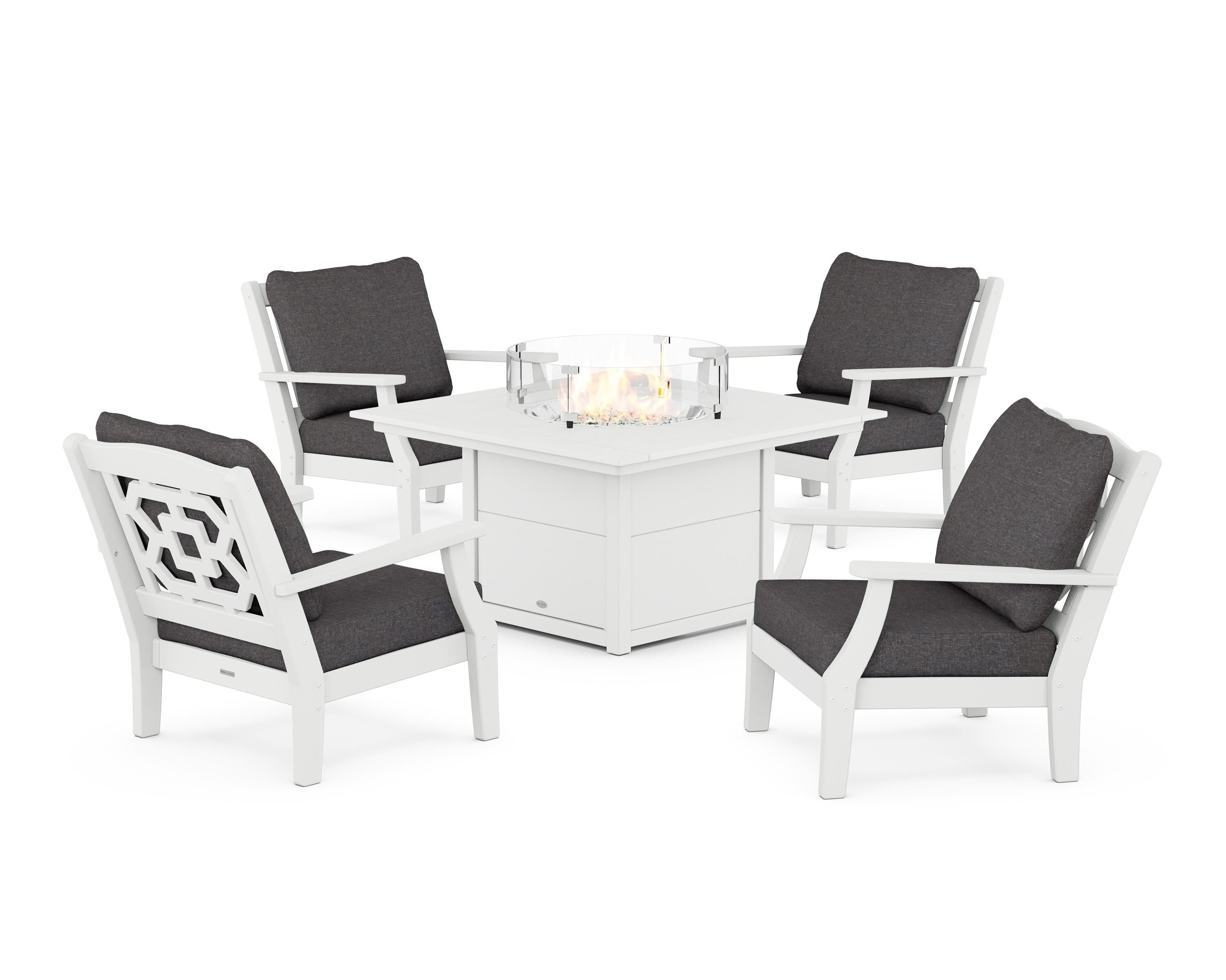 Martha Stewart by POLYWOOD Chinoiserie 5-Piece Deep Seating Set with Fire Pit Table in White / Ash Charcoal
