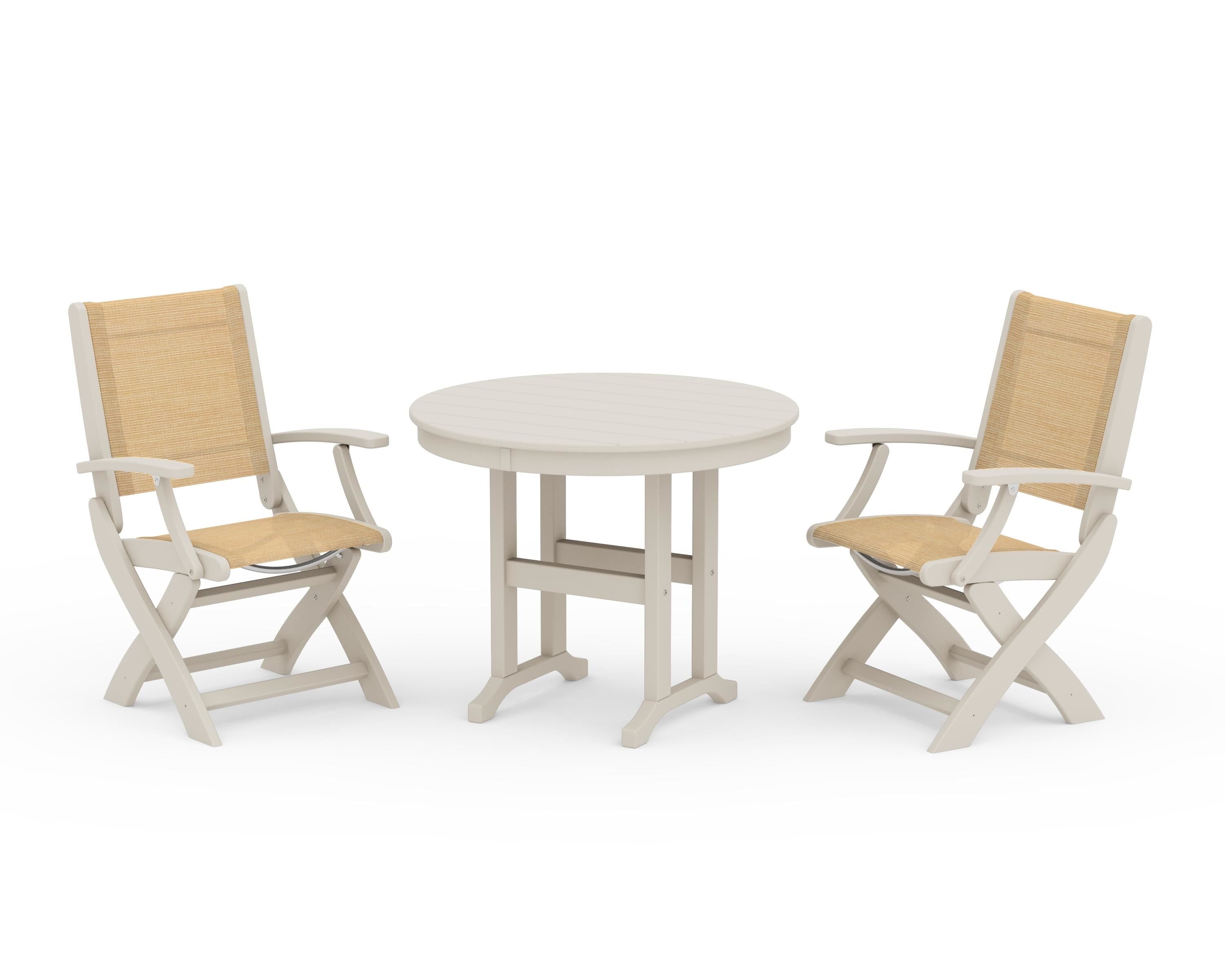 POLYWOOD Coastal Folding Chair 3-Piece Round Dining Set in Sand / Dupioni Apricot Sling