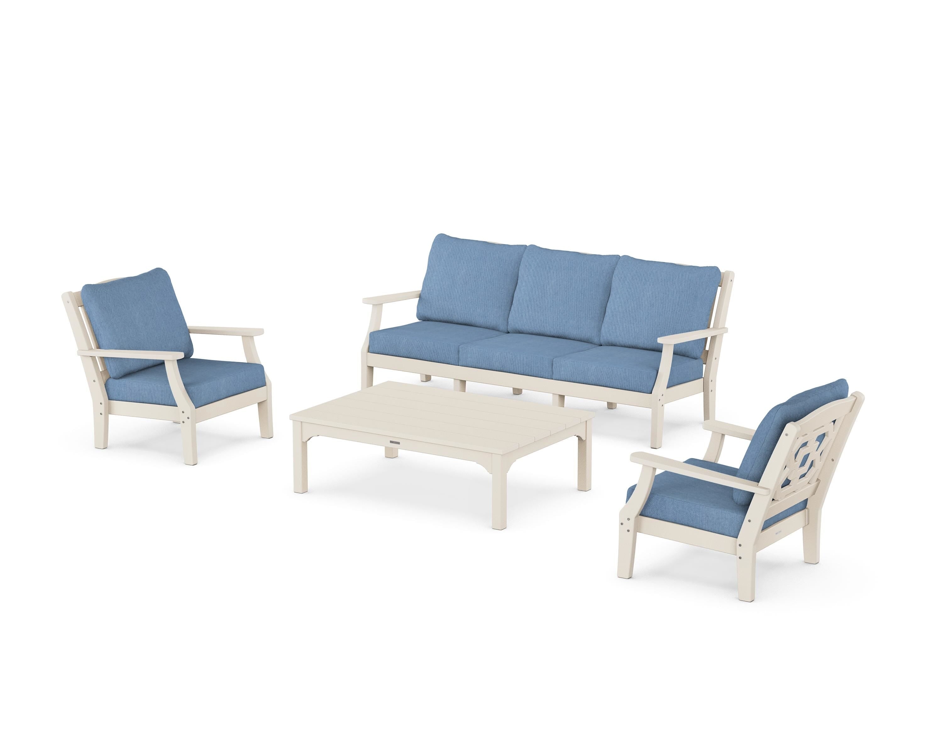 Martha Stewart by POLYWOOD Chinoiserie 4-Piece Deep Seating Set with Sofa in Sand / Sky Blue