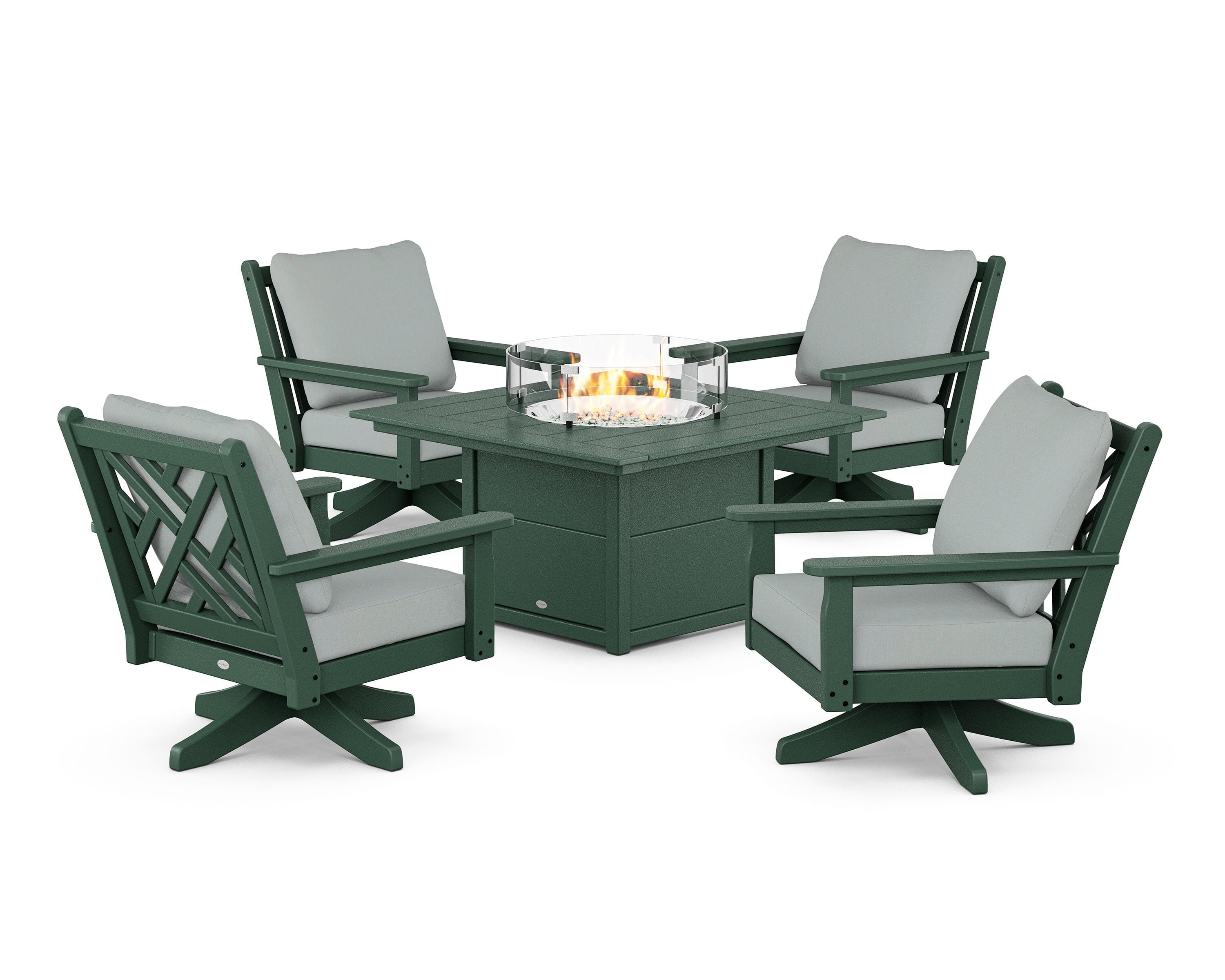 POLYWOOD Chippendale 5-Piece Deep Seating Swivel Conversation Set with Fire Pit Table in Green / Spa