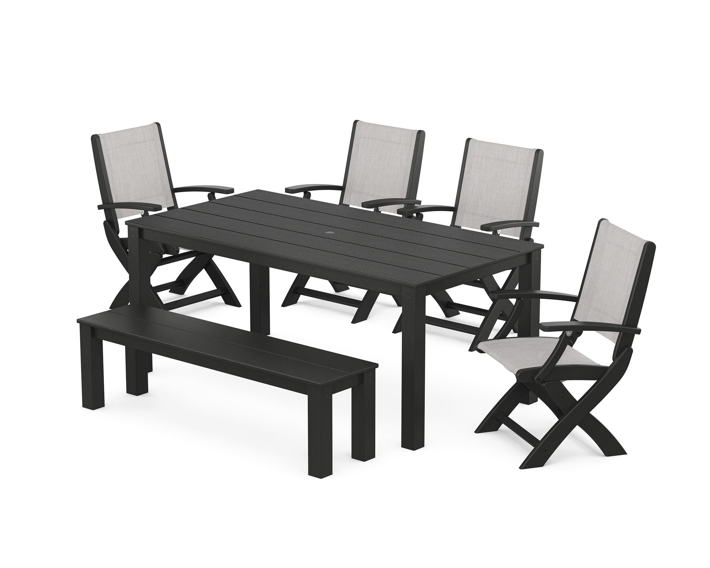 POLYWOOD Coastal Folding Chair 6-Piece Parsons Dining Set with Bench in Black / Parchment Sling