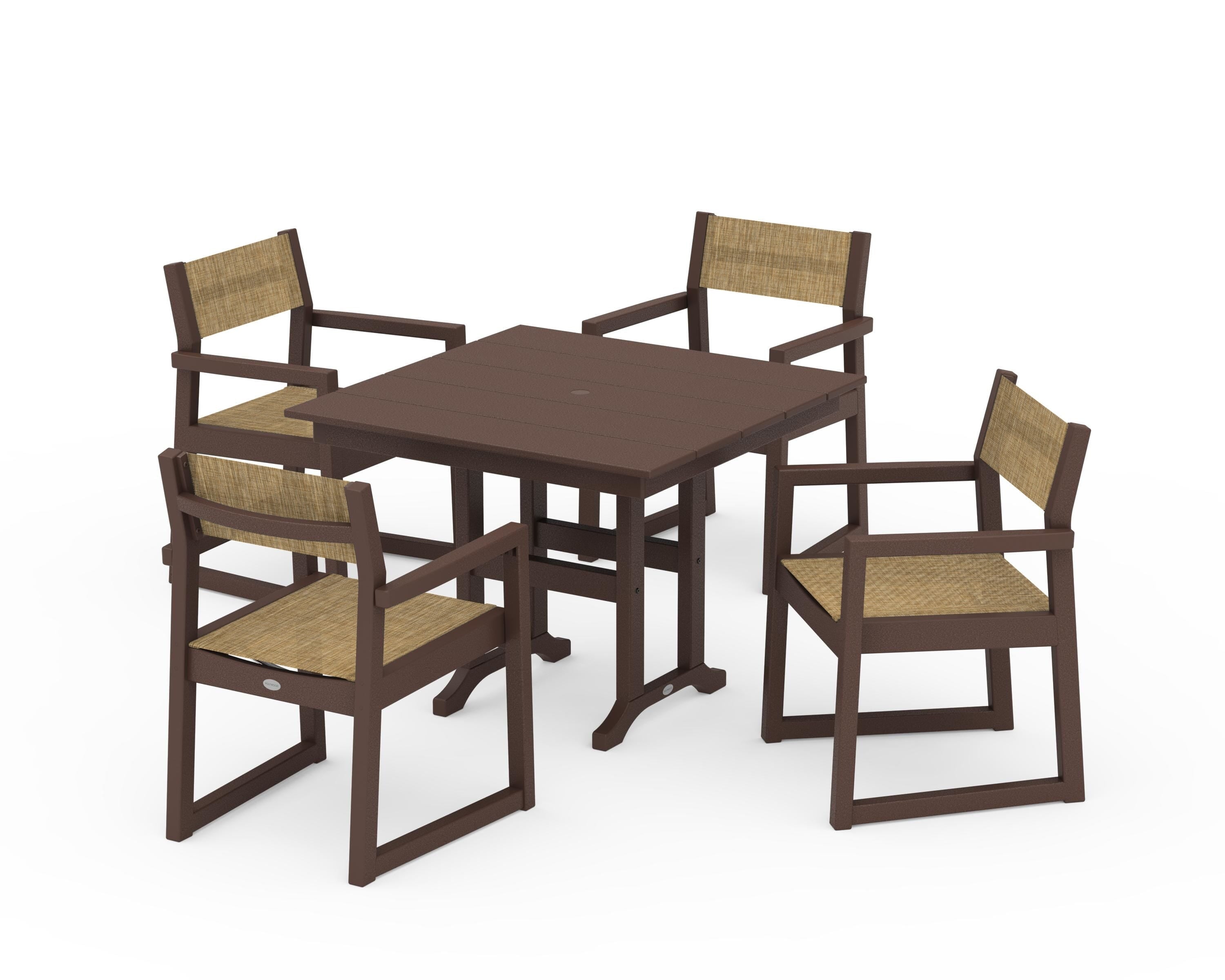 POLYWOOD EDGE Sling Arm Chair 5-Piece Farmhouse Dining Set in Mahogany / Burlap Sling
