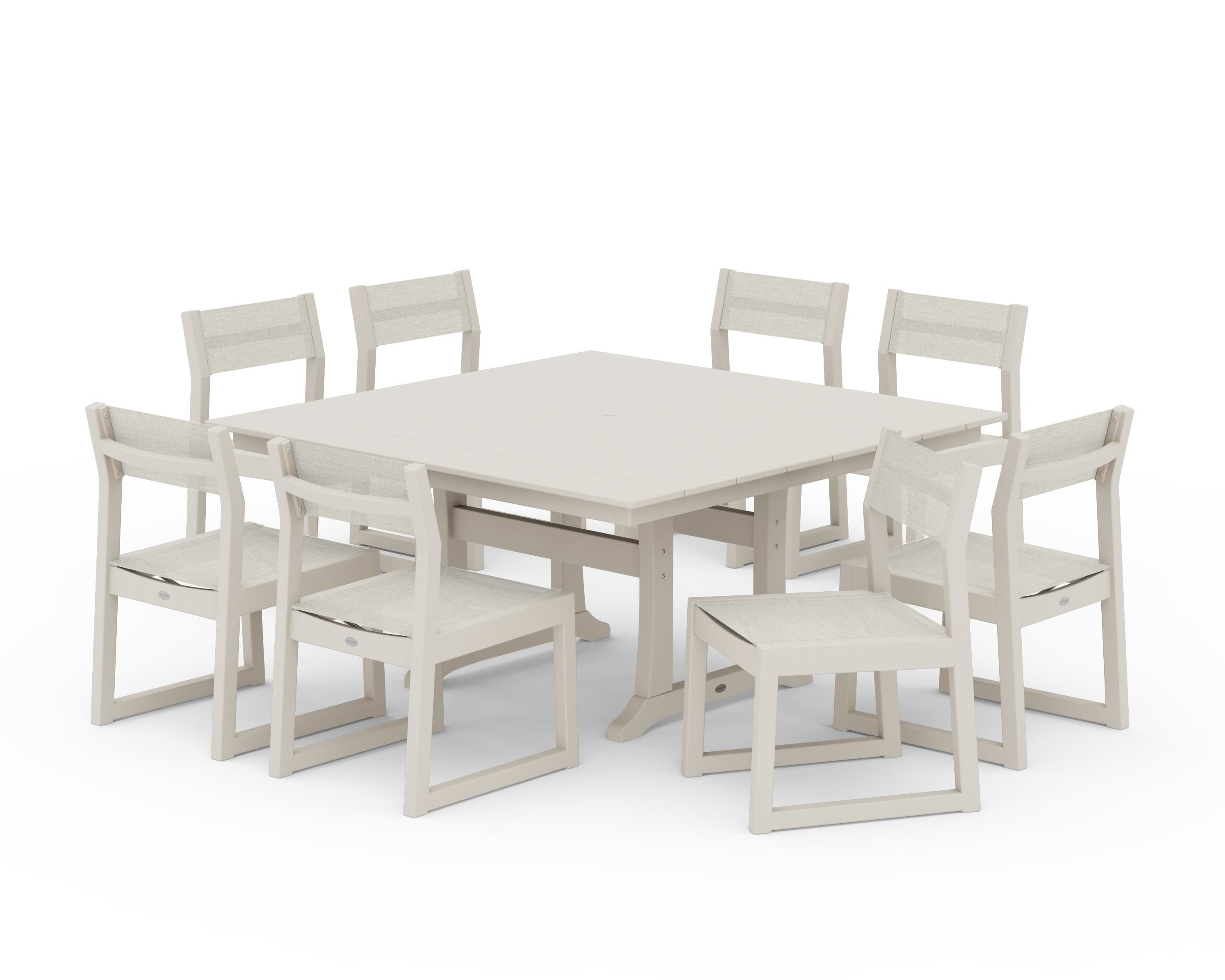 POLYWOOD EDGE Sling Side Chair 9-Piece Farmhouse Trestle Dining Set in Sand / Parchment Sling