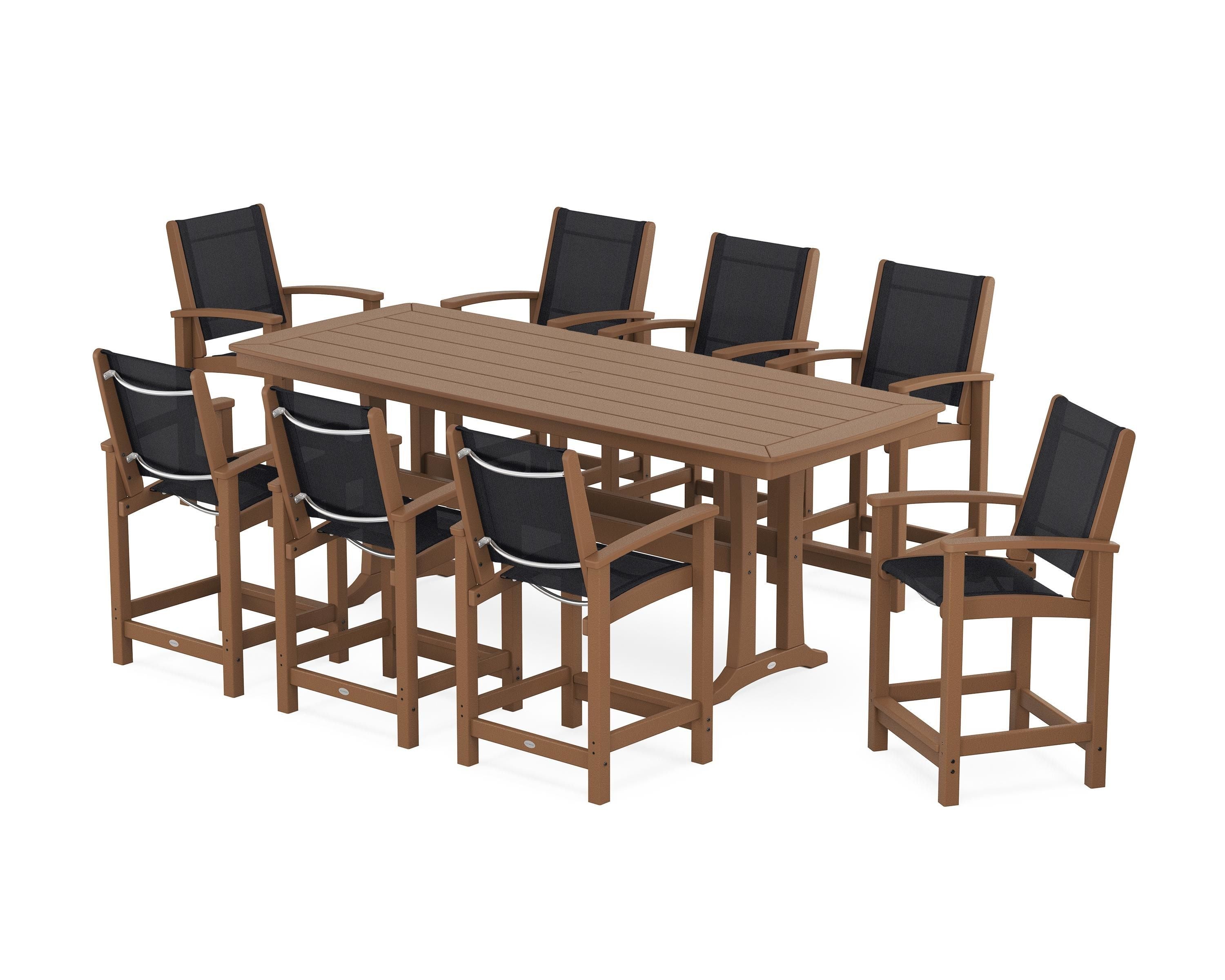 POLYWOOD Coastal 9-Piece Counter Set with Trestle Legs in Teak / Black Sling