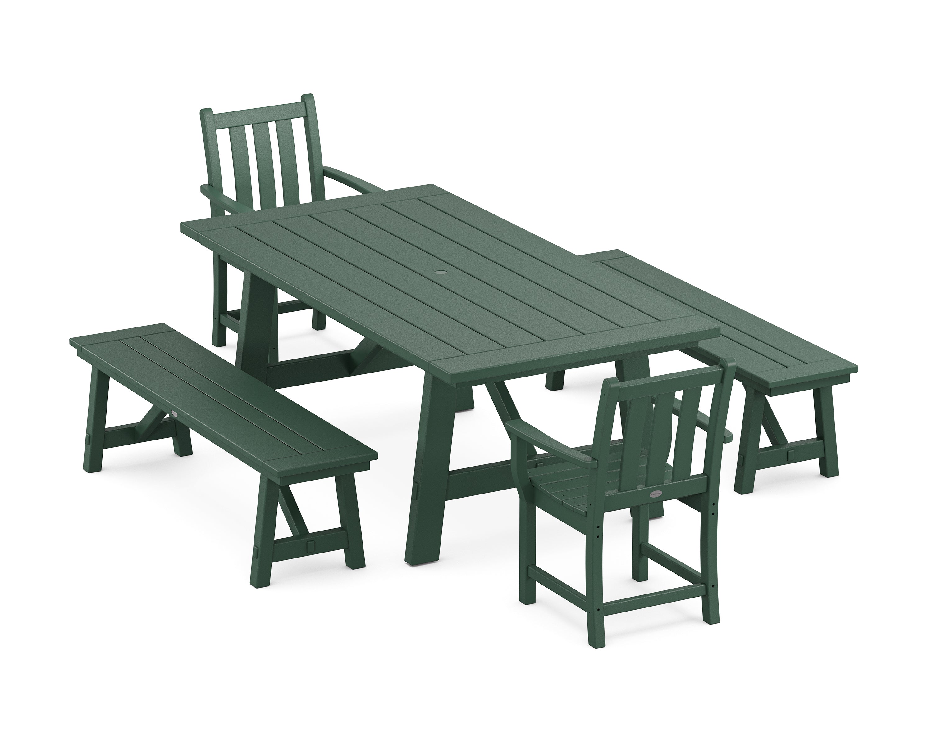 POLYWOOD® Traditional Garden 5-Piece Rustic Farmhouse Dining Set With Benches in Green